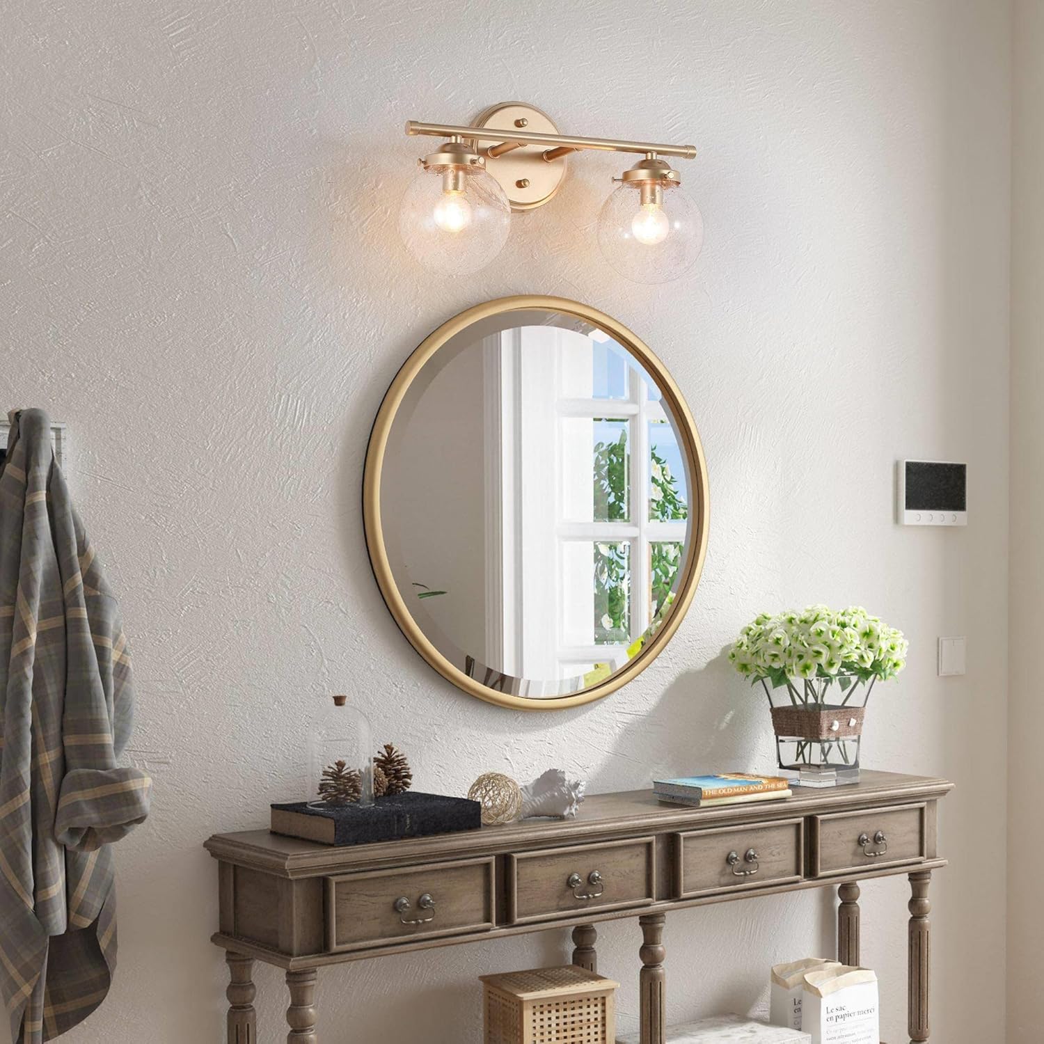 KSANA Modern Gold Bathroom Vanity Lights, 2 Light Vanity Light Fixtures Seeded Glass Bathroom Lighting for Dressing Room, Kitchen, Bedroom, Dark Gold Finish