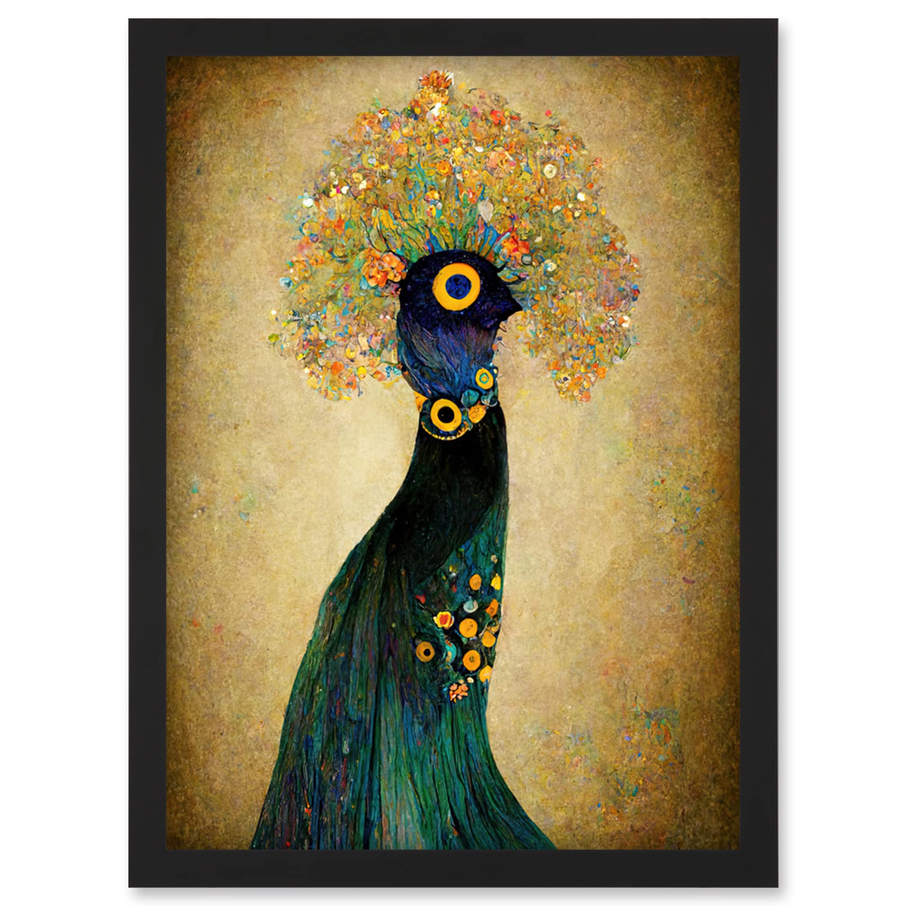 Doppelganger33 LTD Elegant Peacock Portrait In Emerald And Gold Gustav Klimt Artwork Framed Wall Art Print A4