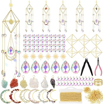 Knitgrip 6 Set 508 Pcs DIY Crystal Suncatcher Making Kits Craft with Rainbow Pendants Chains Gemstone Sun Catcher Hanging Colorful Crystal Prisms Windows Decor Wind Chimes with Chain Pendant Decor