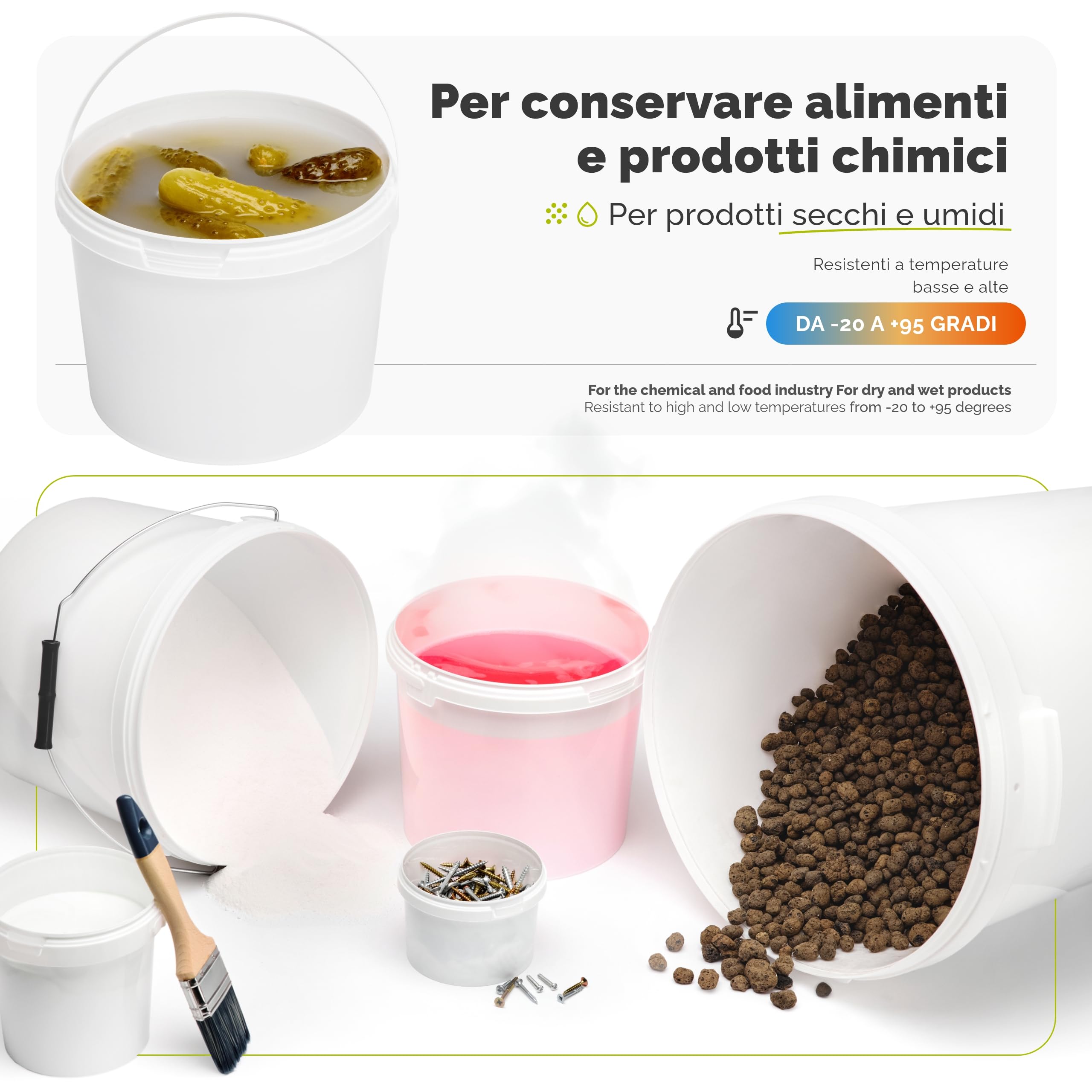 Garronda Secchio con Coperchio 12 L per la conservazione di Prodotti Alimentari e chimici 5 Pezzi Bianco GD-0071