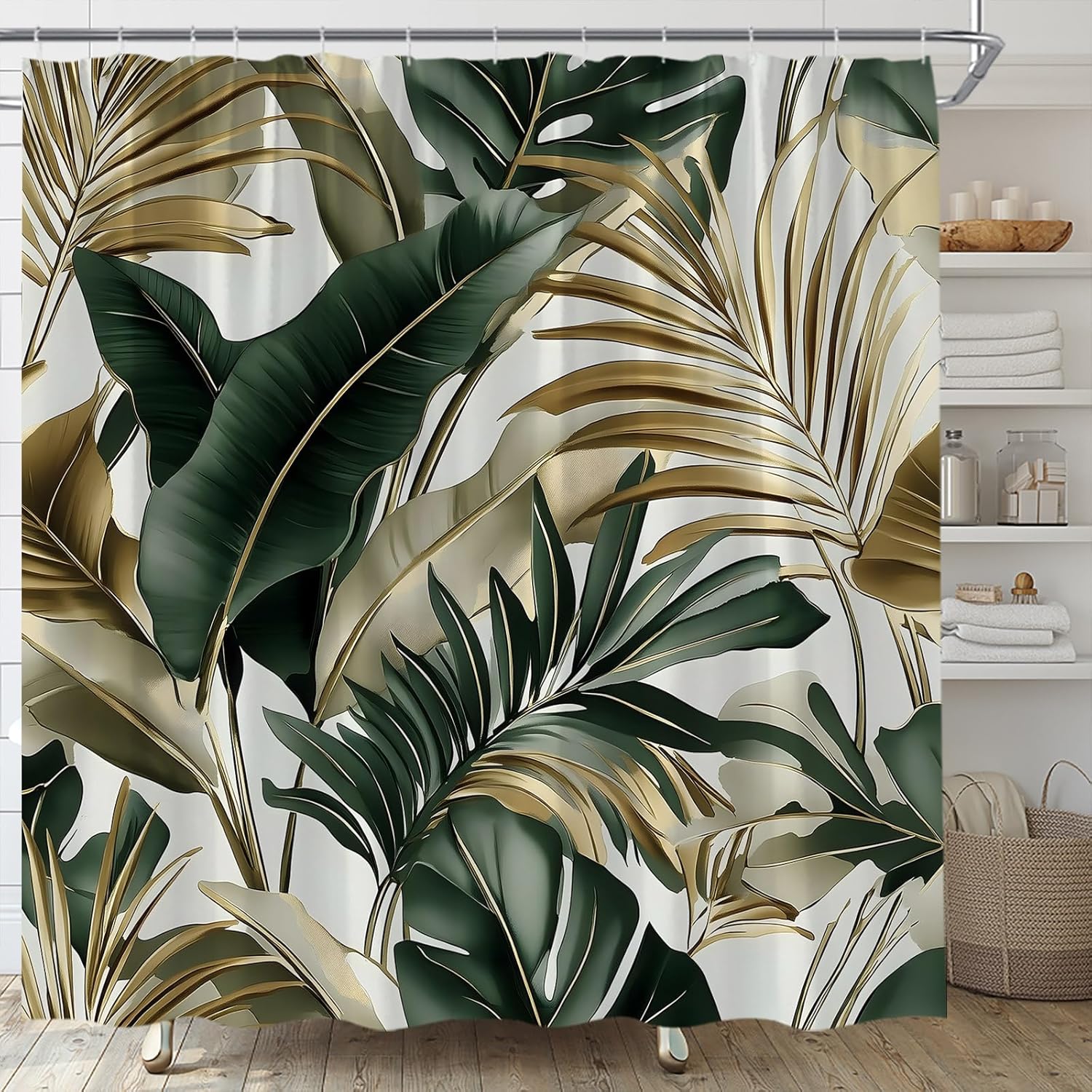 Tropical Plant Shower Curtain Green Gold Palm Leaf Tropica Flower Vintage Sage Green Beige Abstract Leaves Botanical Modern Summer Nature Fabric Bathroom Decor Set with Hooks(70" Wx84 H)