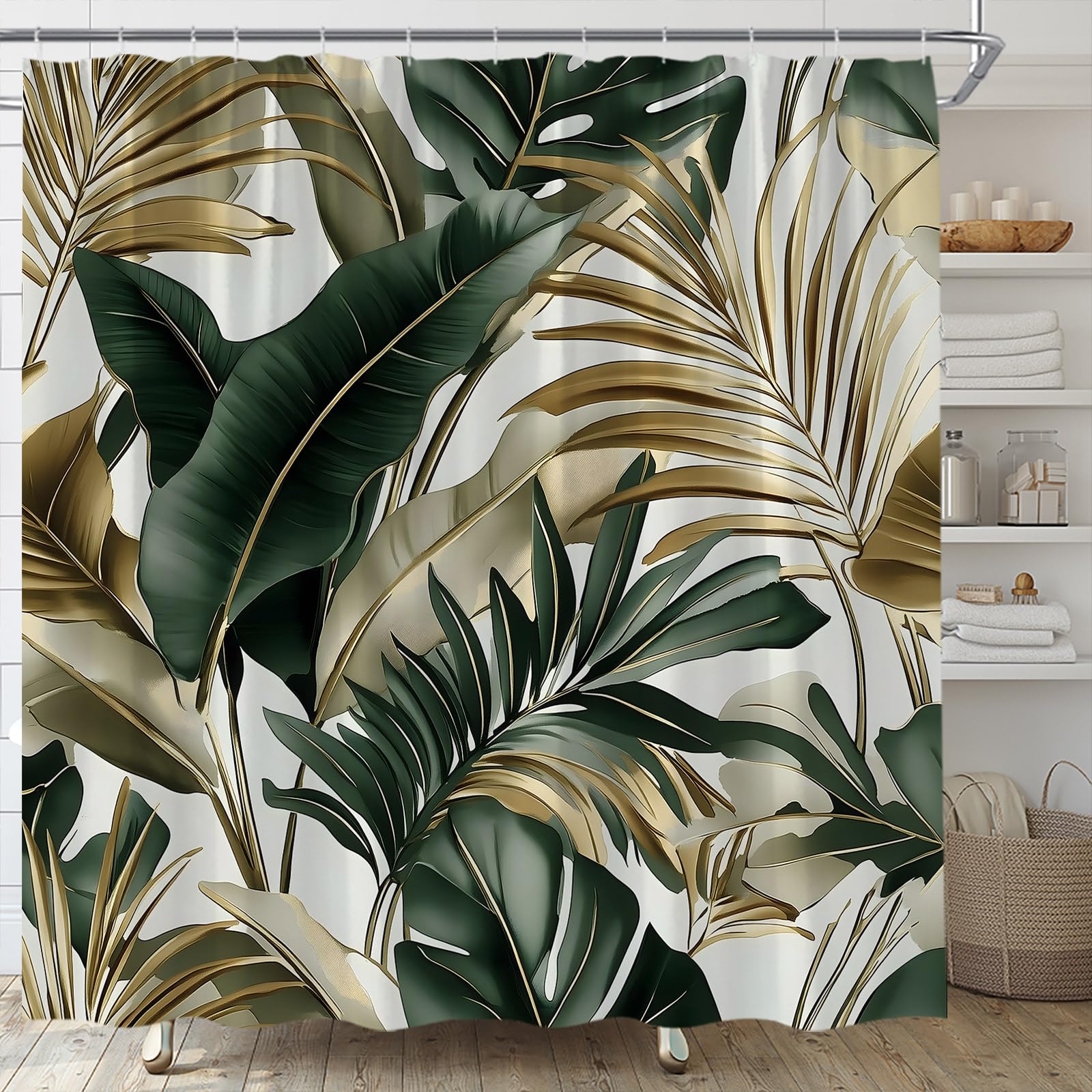 TENVSIN Tropical Plant Shower Curtain Green Gold Palm Leaf Tropica Flower Vintage Sage Green Beige Abstract Leaves Botanical Modern Summer Nature