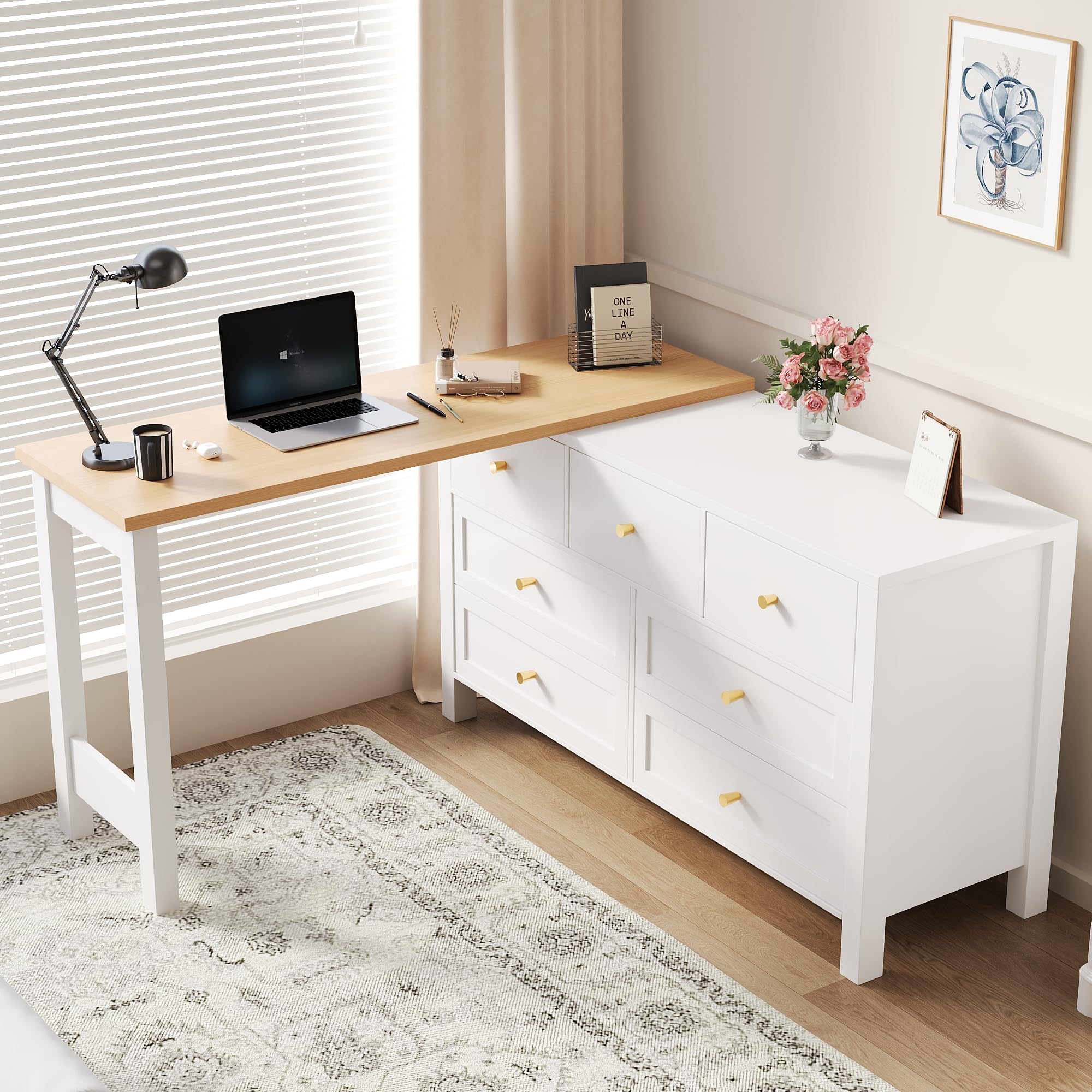 Scrivania con 7 cassetti, 2 in 1, piano girevole e credenza, effetto rovere, piano girevole a 360°, bianco/naturale, scrivania da toeletta, scrivania angolare a forma di L