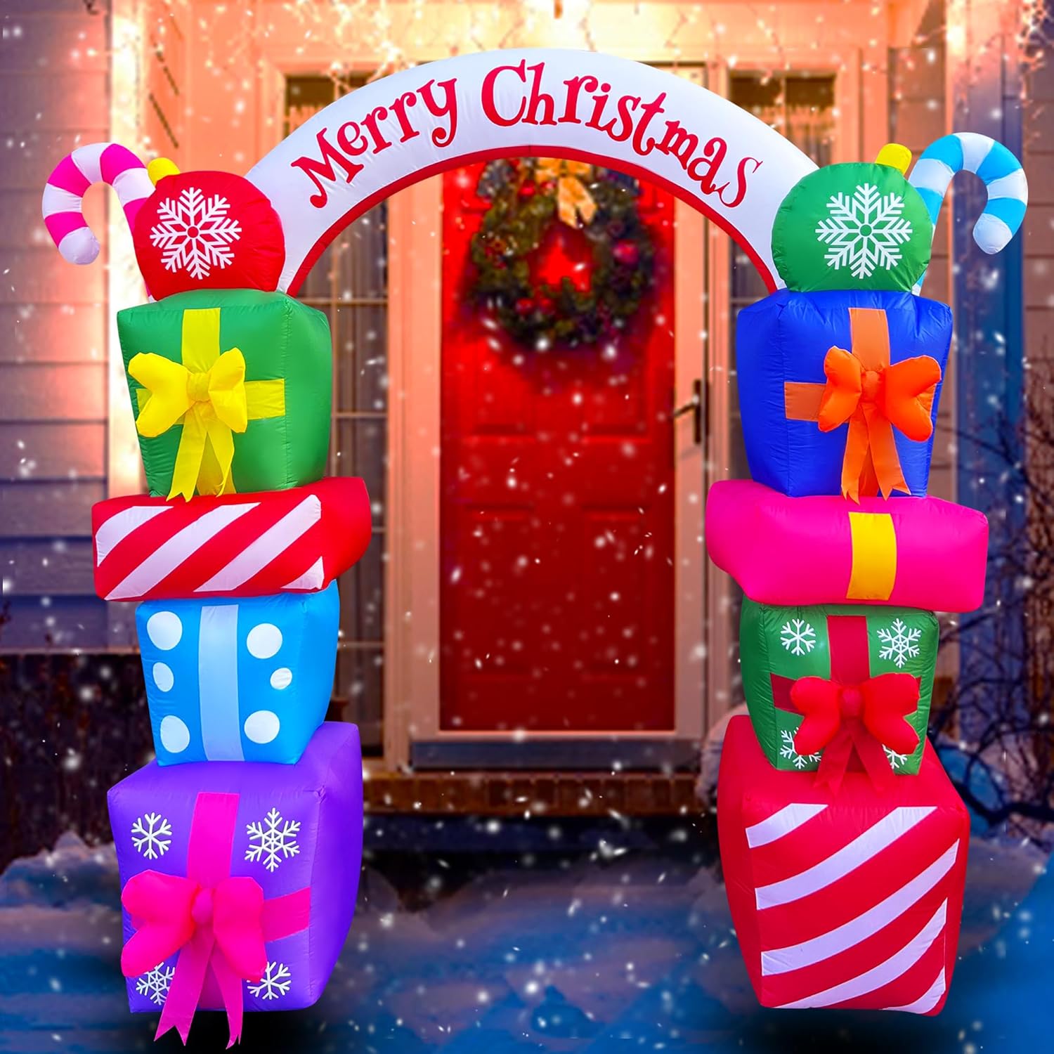 SEASONBLOW 8 FT Christmas Inflatable Gift Boxes Arch Archway with Candy Merry Christmas Decoration Blow Up LED Lighted for Xmas Lawn Yard Garden Home Indoor Outdoor