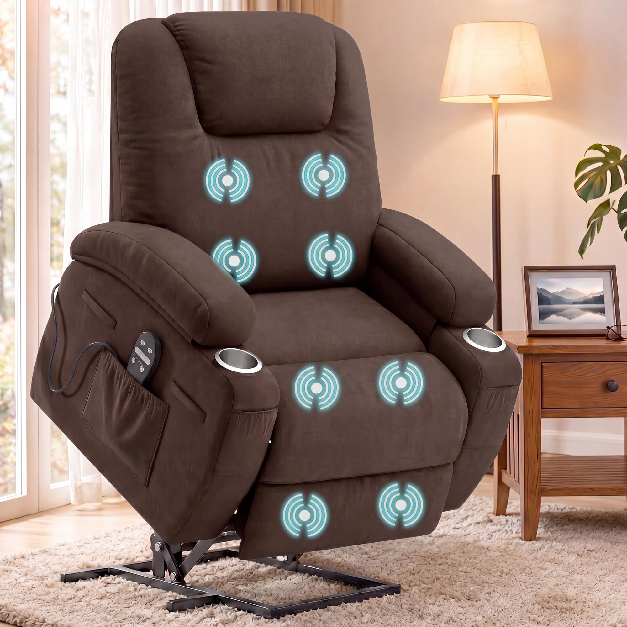 Flamaker Power Lift Chair Massage Recliner Chairs for Elderly - Ergonomic Design with Cup Holders & Side Pockets, Remote Control (Dark Brown)