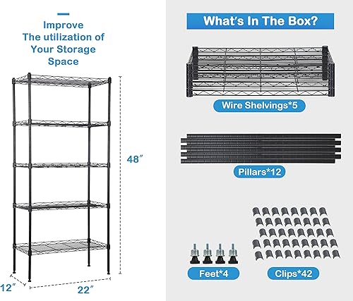 Vista 98 de Estantería de almacenamiento de 6 niveles, estantería de alambre, 48 pulgadas de largo x 18 pulgadas de ancho x 72 pulgadas de alto, estante Negro