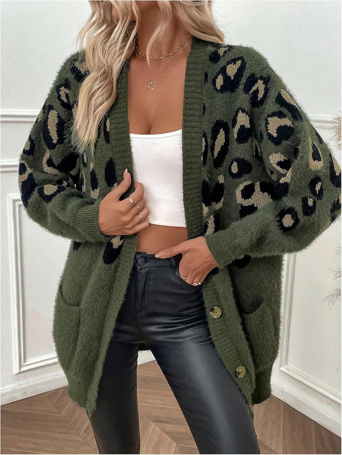 OYOANGLE Women's Cheetah Print Fuzzy Cardigan Sweater Leopard Button Down Draped Sweaters with Pocket - Image 4