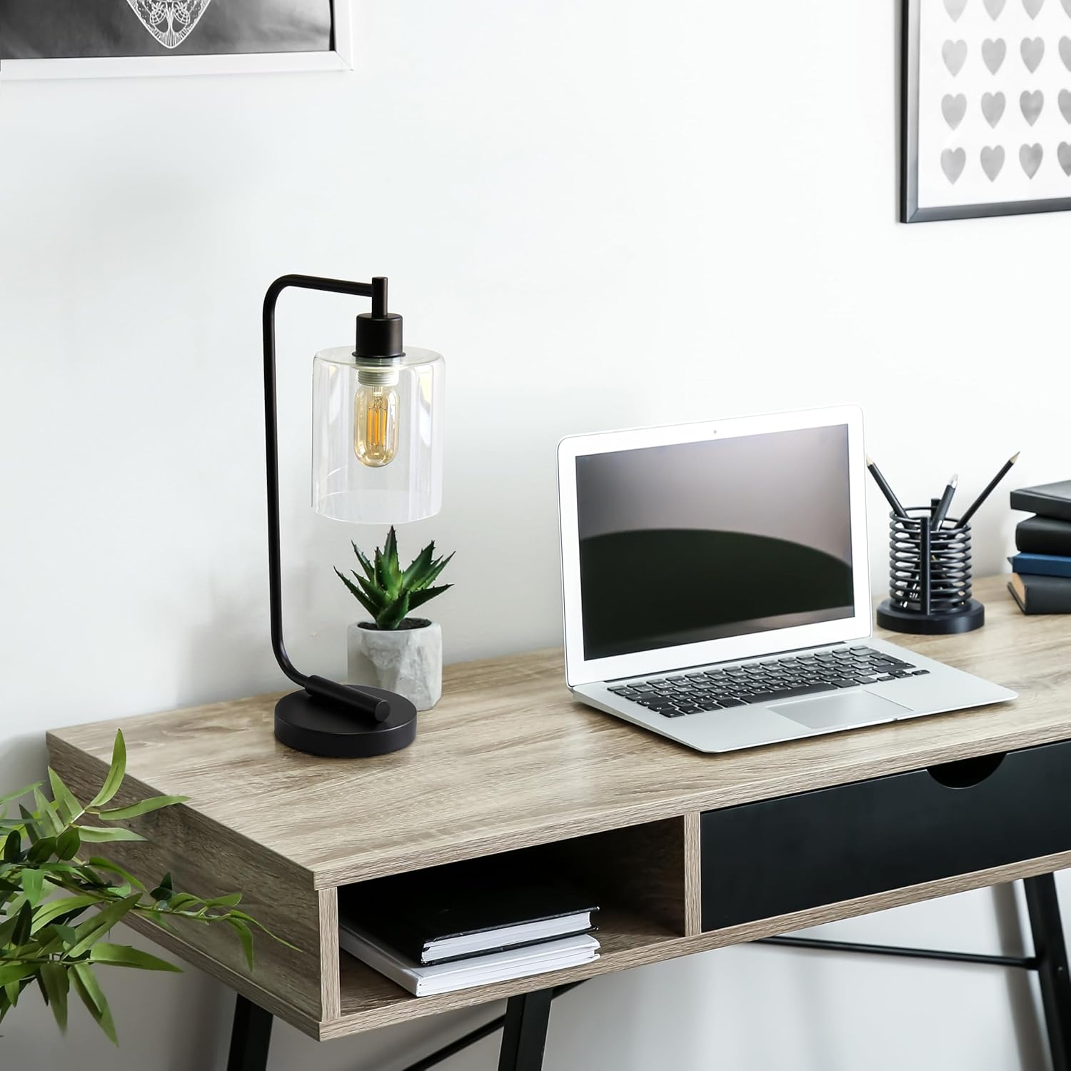 Simple Designs LD1036-BLK-4PK 18.8" 4-Pack Bronson Antique Style Industrial Iron Lantern Desk Lamp with Glass Shade, Black