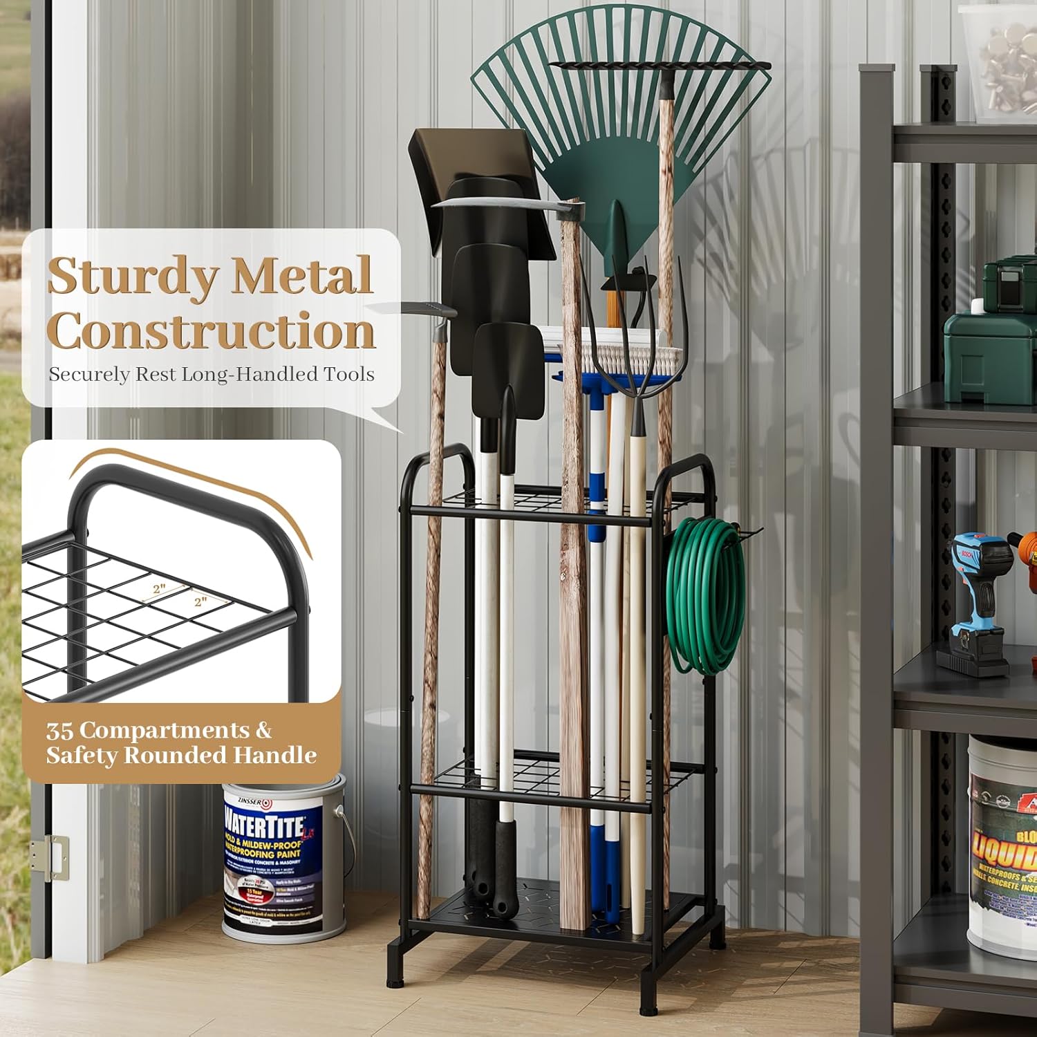 Garden Tool Organizer, Garage Tool Storage Rack, Heavy Duty Metal with Side Pegboard & Adjustable Hooks, Utility Racks for Shed, Patio & Outdoor Use