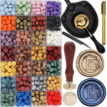 Alphabet K Sealing Wax Stamp Kit with Electric Wax Seal Warmer, 732 Pcs Waxseal Beads, Initial Letter Sealstamp, Spoon, Sealingwax Kit K