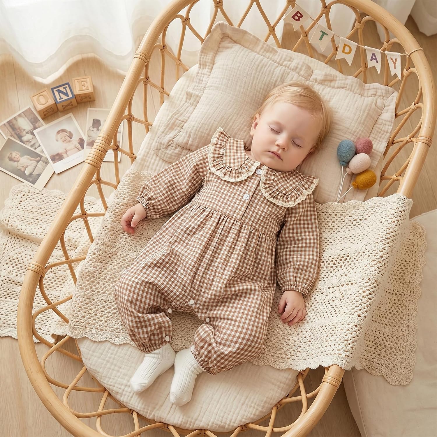 BULINGNA Infant Baby Girl Plaid Jumpsuit Long Sleeve Ruffle Peter Pan Collar Gingham Romper Fall One Piece Outfit