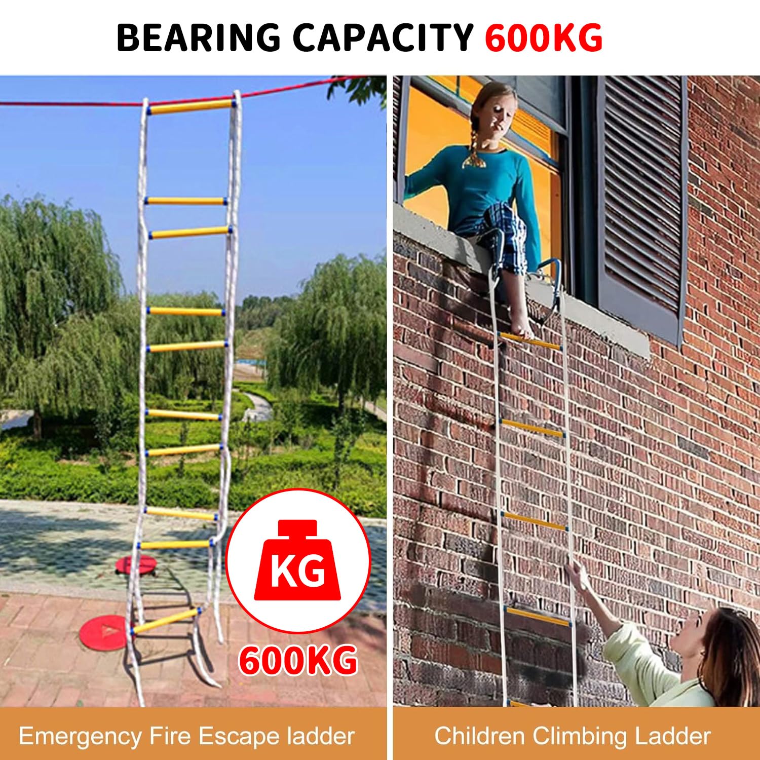 10 M Escalera de Cuerda, Cuerda Emergencia, Escalera de Incendios con Mosquetones, Escalera de Rescate, Capacidad de Carga de hasta 600 Kg, para Ventanas de Balcón Exterior