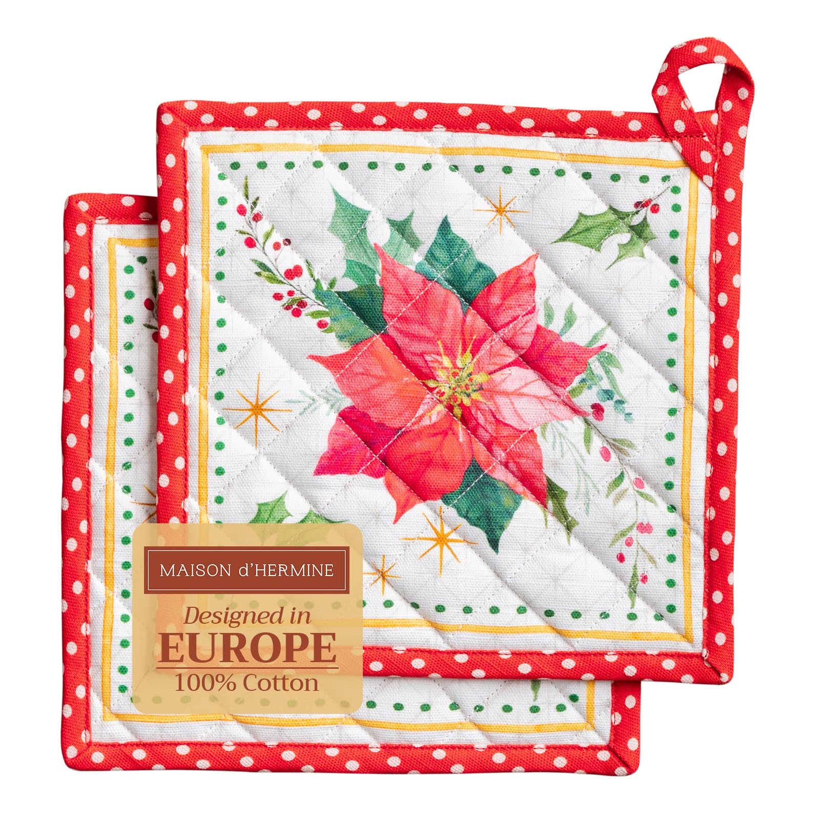 Maison d'Hermine Topflappen, 100% Baumwolle, hitzebeständig, Set mit 2 Hotpads mit Schleife zum Backen, Grillen, Umgang mit heißen Pfannen, Poinsettia Christmas- Thanksgiving/Weihnachten (20cm x 20cm)