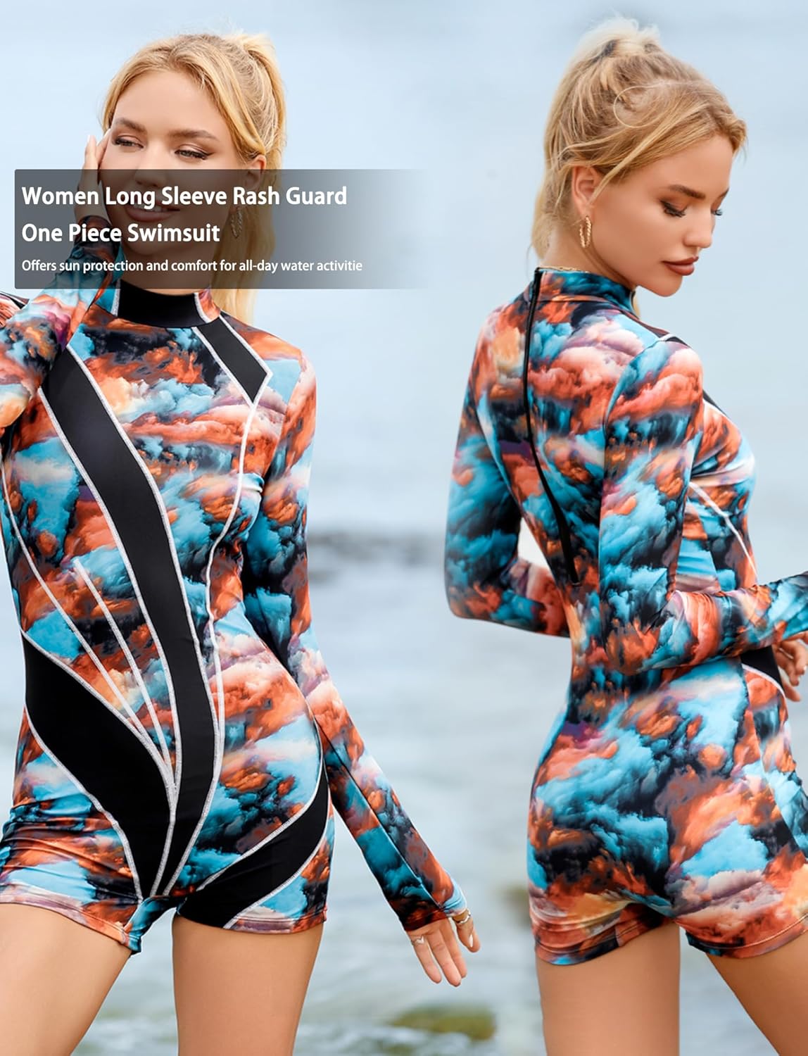 SEAUR Women's Athletic One-Piece Swimsuits Long Sleeve Rash Guard Boyleg Bathing Suit Zip Sun Protection Unitard Swimwear