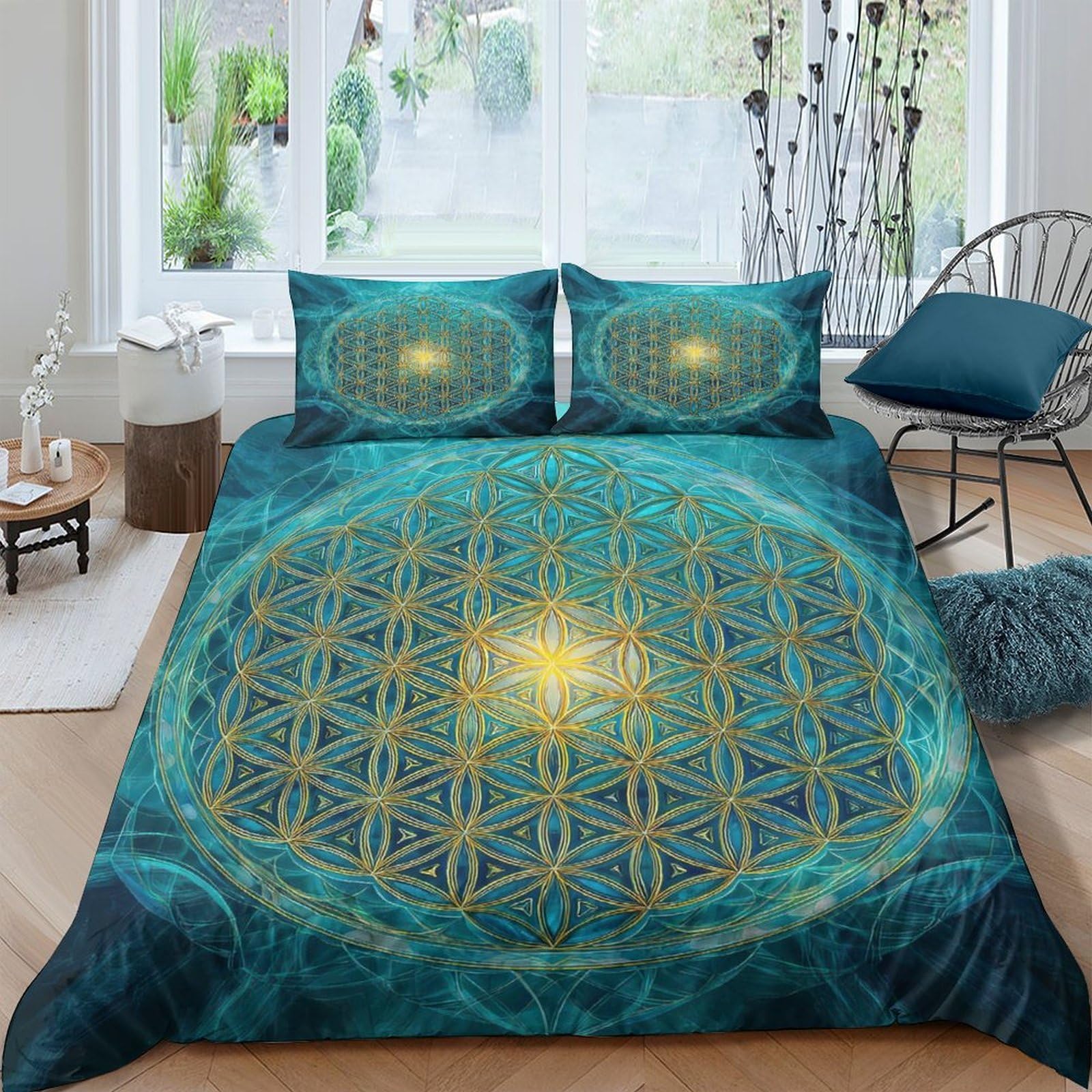 Ctjqhvkz Style-4 3D Printed Sacred Geometry Fitted Sheet Microfiber Teal Gold Mandala Mattress Cover Bedroom Decor Washable Single（135X200cm）