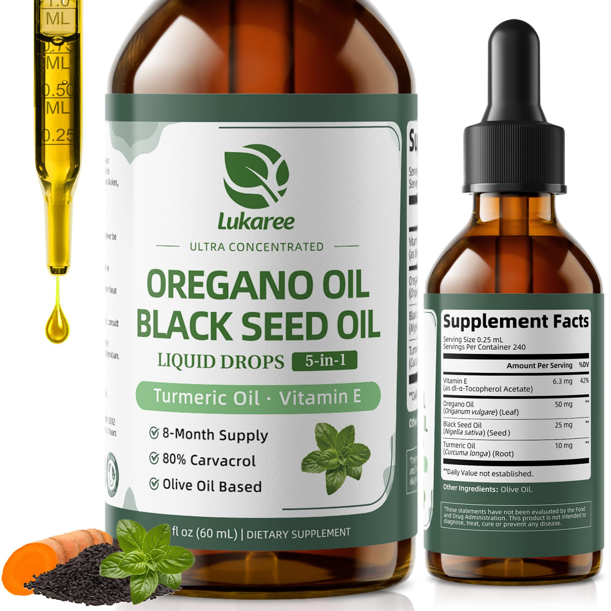 Oil of Oregano Drops with Black Seed Oil, 80% Carvacrol, 8 Month Supply