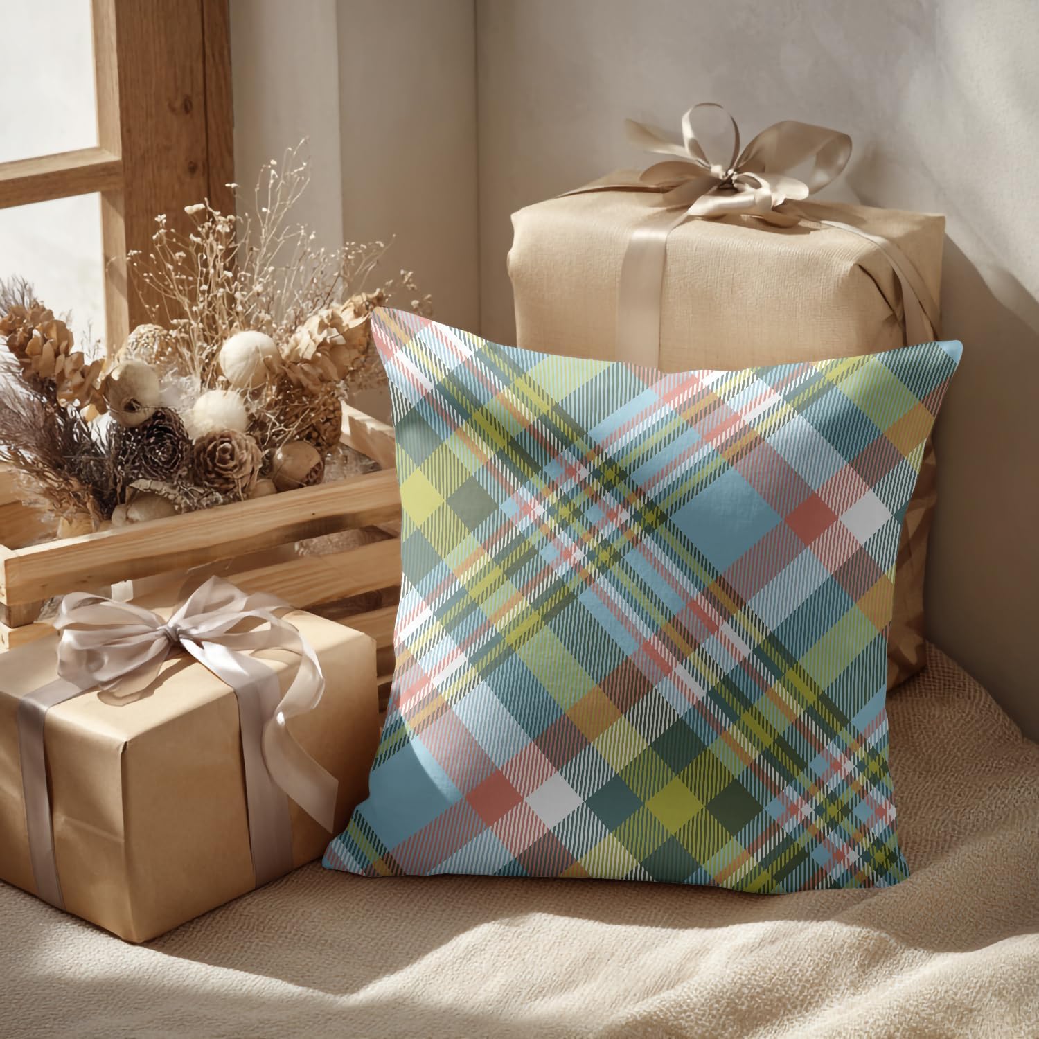 Batmerry Brown White Abstract Blue Plaid Throw Pillow Covers, Green and Brown Checked Decorative Pillow Covers Digital Printing Blended Fabric for Couch Sofa Bed Invisible Zipper 18X18 in(Set of 2)