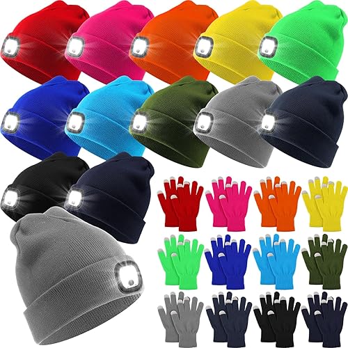Ramede 24 gorros unisex con guantes de invierno ligeros, modo flash, faro recargable por USB, 4 LED, sombrero de punto, regalo divertido para papá,