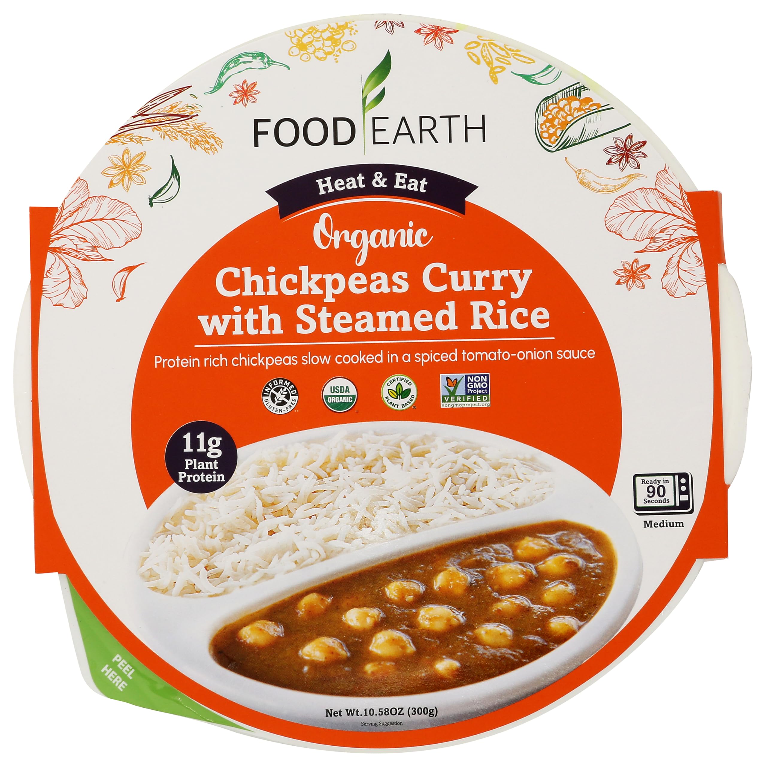 Food Earth Ready-to-Eat Indian Chickpeas Curry with Steamed Rice – Organic, Vegan, Gluten-Free, Microwavable Meal (Pack of 6 x 10.58 oz)
