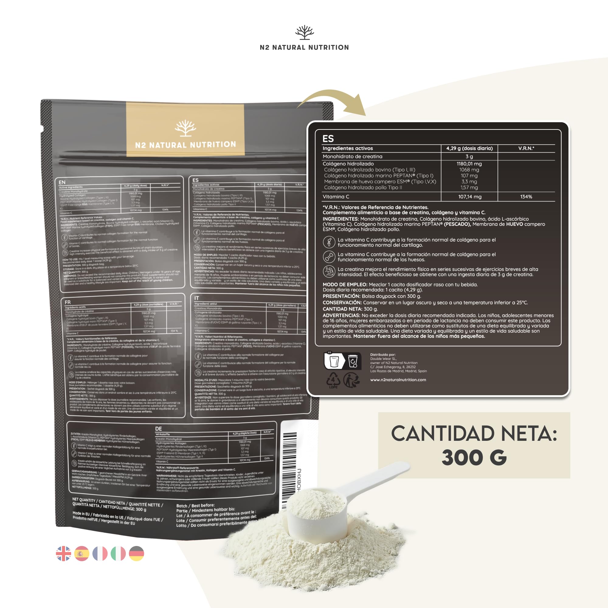 N2 Natural Nutrition. Creatina Monohidratada + Multi Colágeno Hidrolizado con Vitamina C en polvo (70 Dosis) 3000mg Creatina + Colágeno I,II,III,V y X–Sin Sabor–Soporte Muscular, Articulaciones, Piel