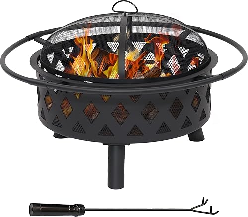 Sunnydaze Black Crossweave - Chimenea de acero para exteriores con combustión de leña, incluye pantalla de chispa, póker, parrilla y cubierta,
