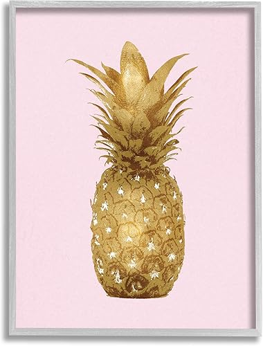 Stupell Industries Golden Glam - Arte de pared enmarcado gris de fruta de piña sobre rosa, diseñado por Kate Bennett, 11 x 14 pulgadas