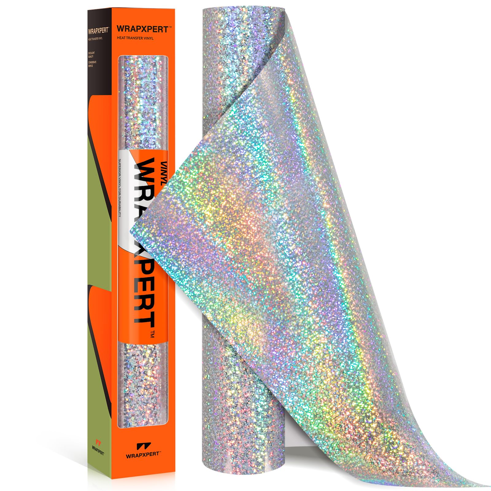 WRAPXPERT Silver Holographic HTV Iron on Silver Heat Transfer Vinyl for T-Shirts, 12''x5ft Holographic Glitter Vinyl Rolls for DIY Clothing Pattern,Stretchable & Washable