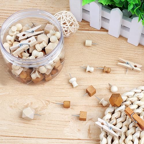 Miniatura 5 de 120 tachuelas de madera para el pulgar, alfileres de madera y marrón, 7 formas para tachuelas de decoración de tableros de corcho, alfileres para