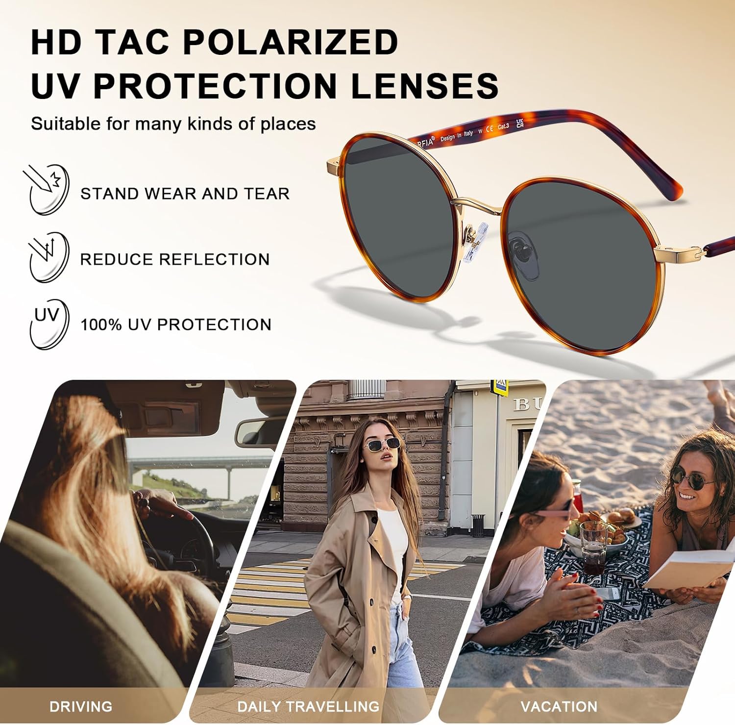 CARFIA Retro Round Polarized Sunglasses for Women UV Protection Acetate Arms Metal Frame Driving Glasses - Image 4