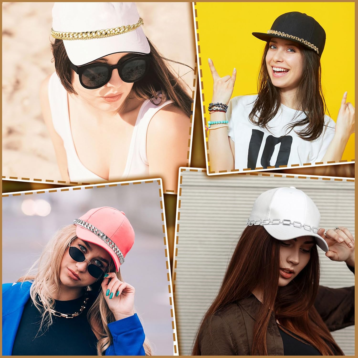 Geyoga 9 Pcs Trucker Hat Chains Trucker Hat Charms Women Man Bill Decoration Detachable DIY Metal Chain for Mesh Baseball Cap (Gold Silver,Classic) - Image 5