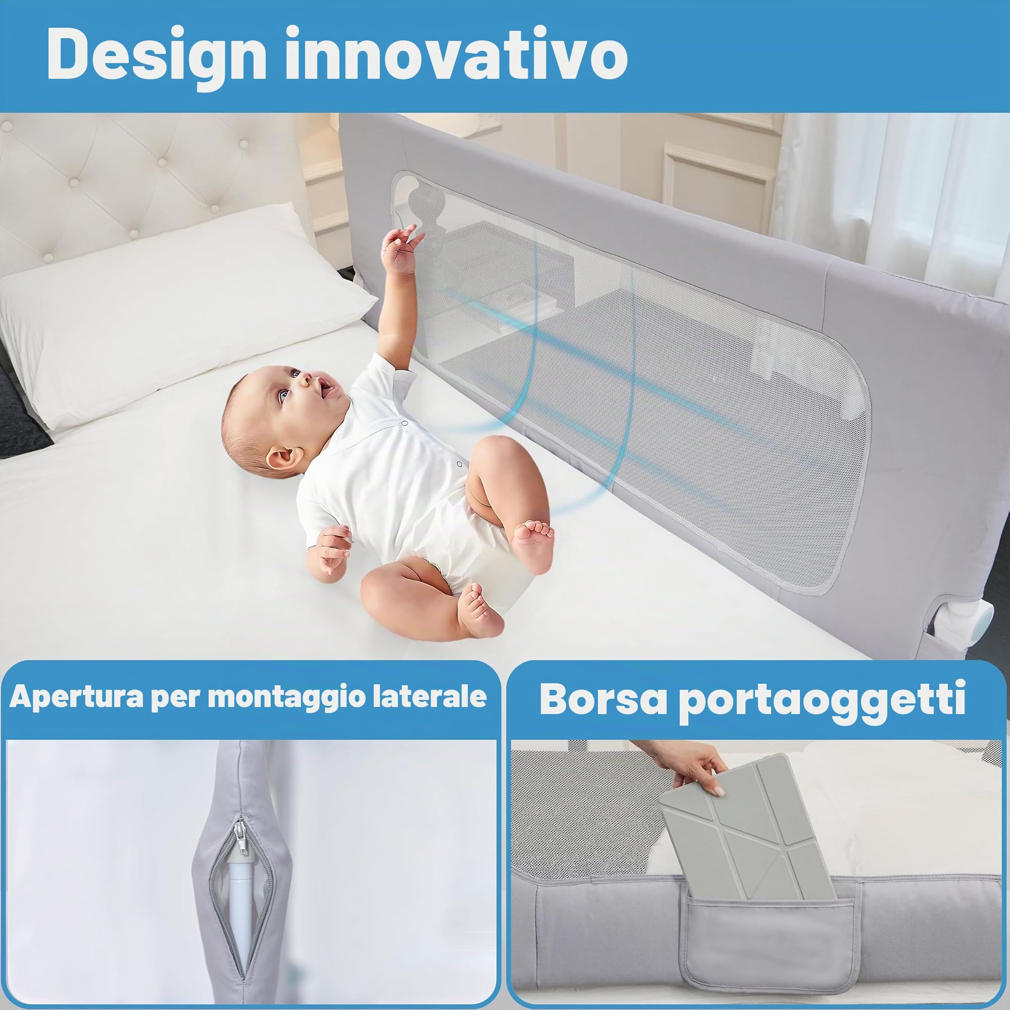 Sponda per letto per bambini, pieghevole, 32in / 85 cm di altezza, regolabile, protezione di sicurezza per bambini, universale, per letti doppi/matrimoniali/king/queen size.