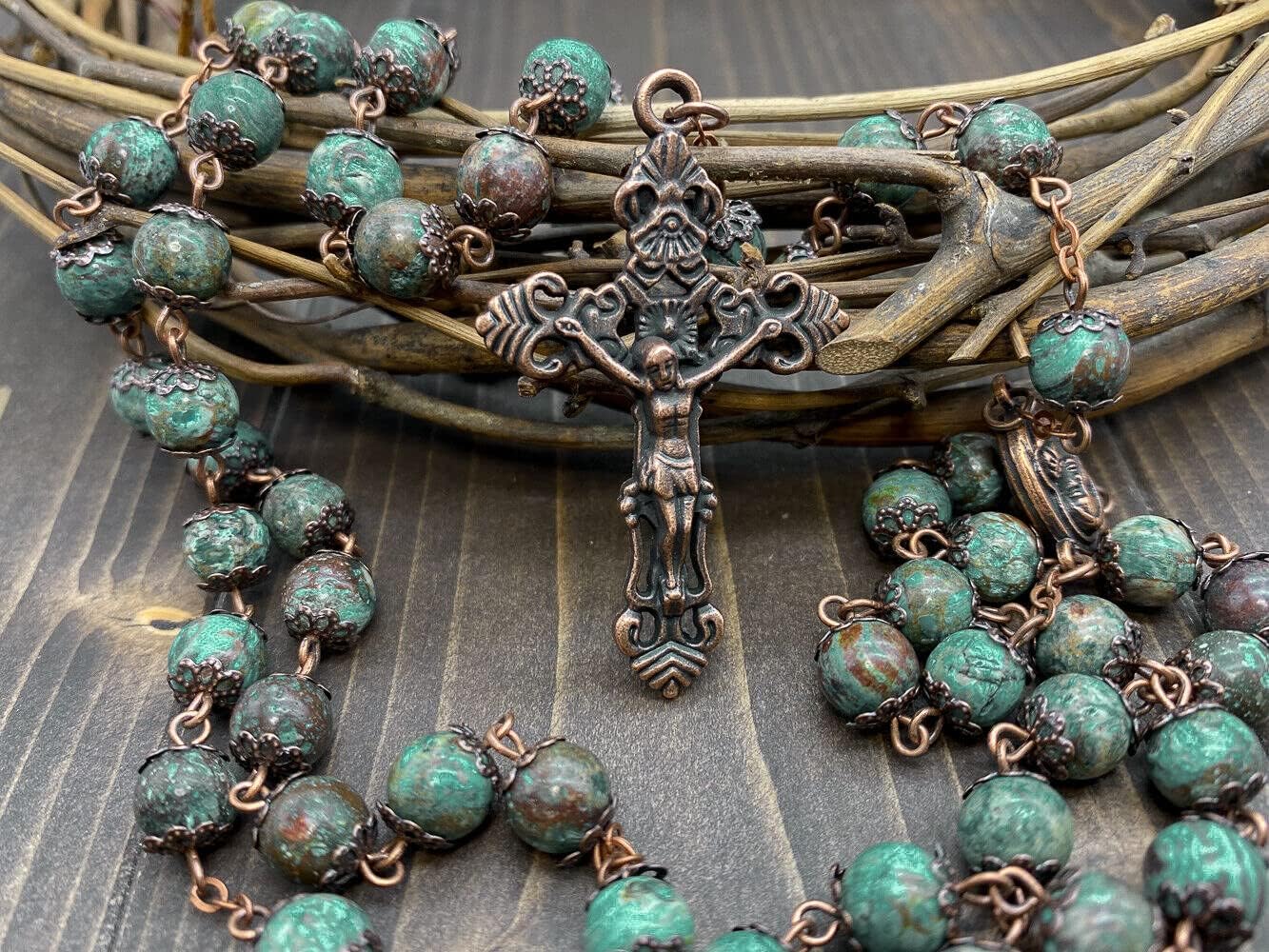 Nazareth Store Vintage Design Rosary Natural Jasper Stone Beads Necklace Holy Soil Medal & Cross Crucifix Religious Rosaries Terra Santa Jerusalem Collection - Image 2