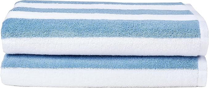 Sky Blue Cabana Stripe Pool & Beach Towel, 100% Cotton, Soft & Absorbent, Quick Dry, Large, 2 Pack, 30" x 60"
