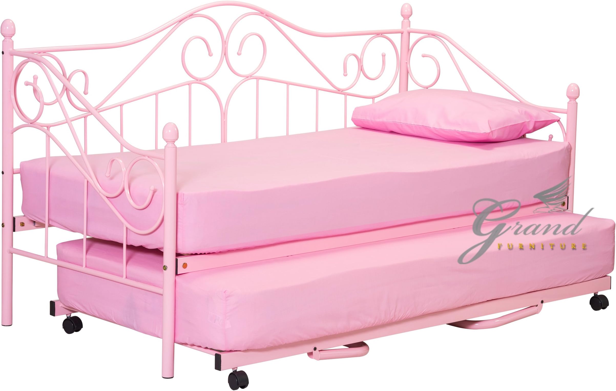 Joseph Pink Girls Metal Day Bed with Trundle Victorian Style 3FT Single Guest Bed Frame (With Trundle)