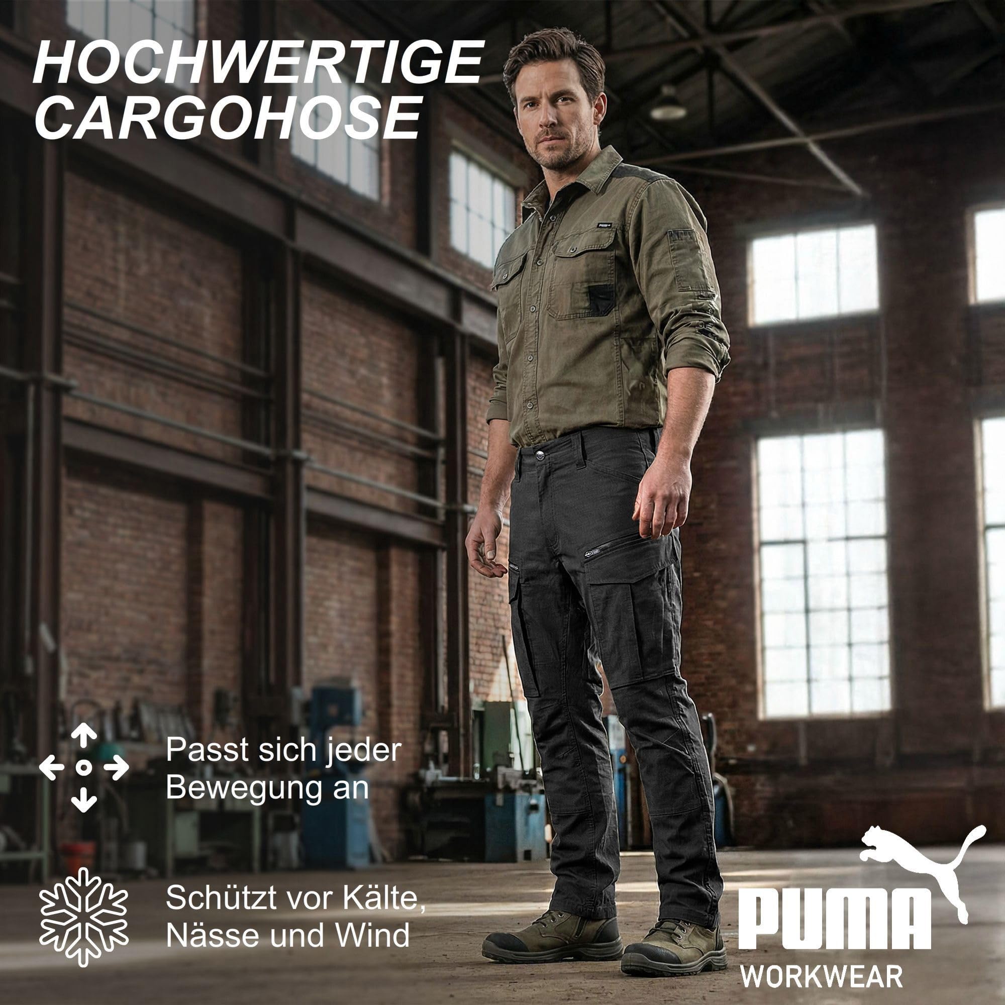 PUMA Workwear Cargohose Arbeitshose Herren – Robuste Hose mit Stretch & Ripstop-Gewebe - Gummizug im Bund - Erhöhtes Rückenteil - Hammerschlaufe - Innenliegende Handytasche
