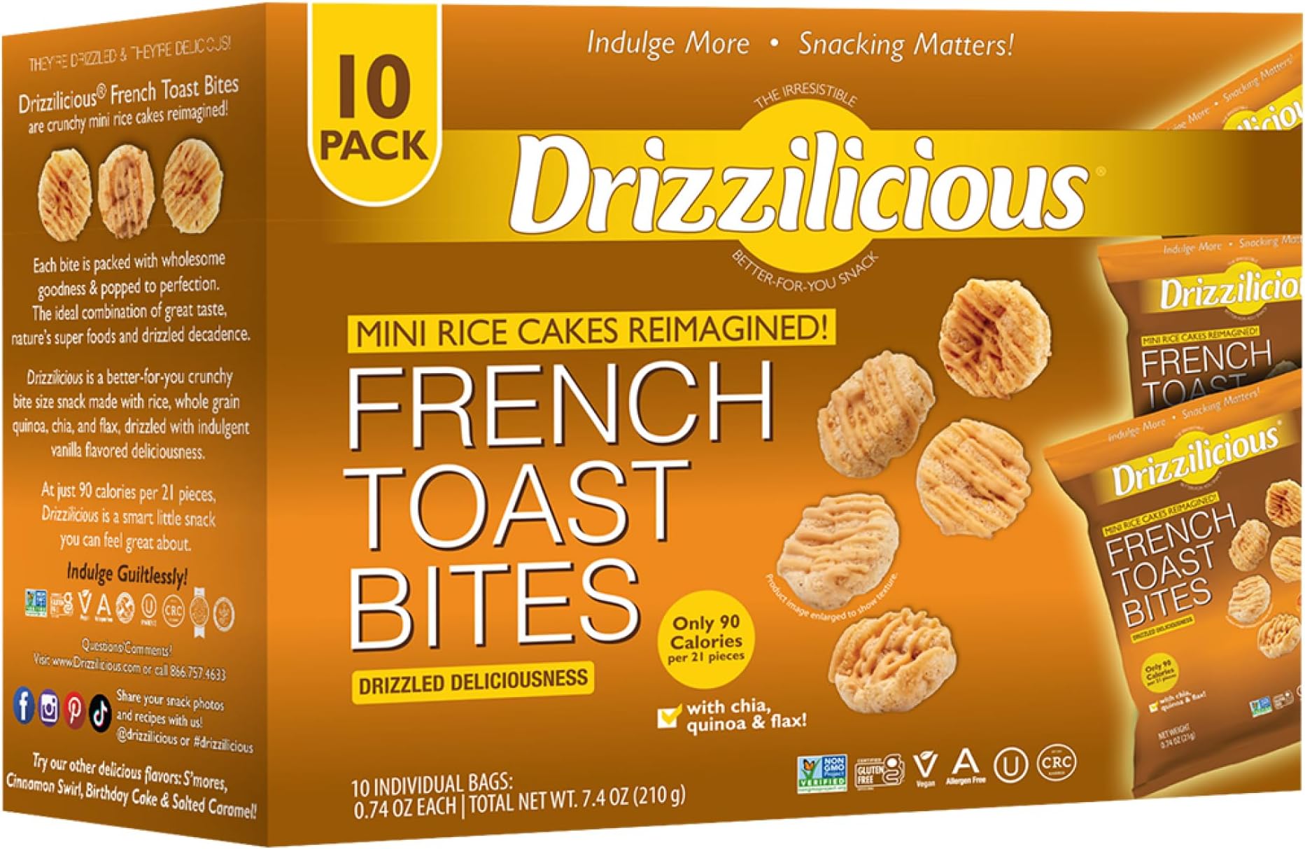 Mini Flavored Rice Cakes French Toast - Rice Crisps, Healthy Snack for Adults and Kids, Vegan, Gluten Free Snack, Allergen Free, Only 90 Calories Per Bag - .74 oz (Pack of 10)