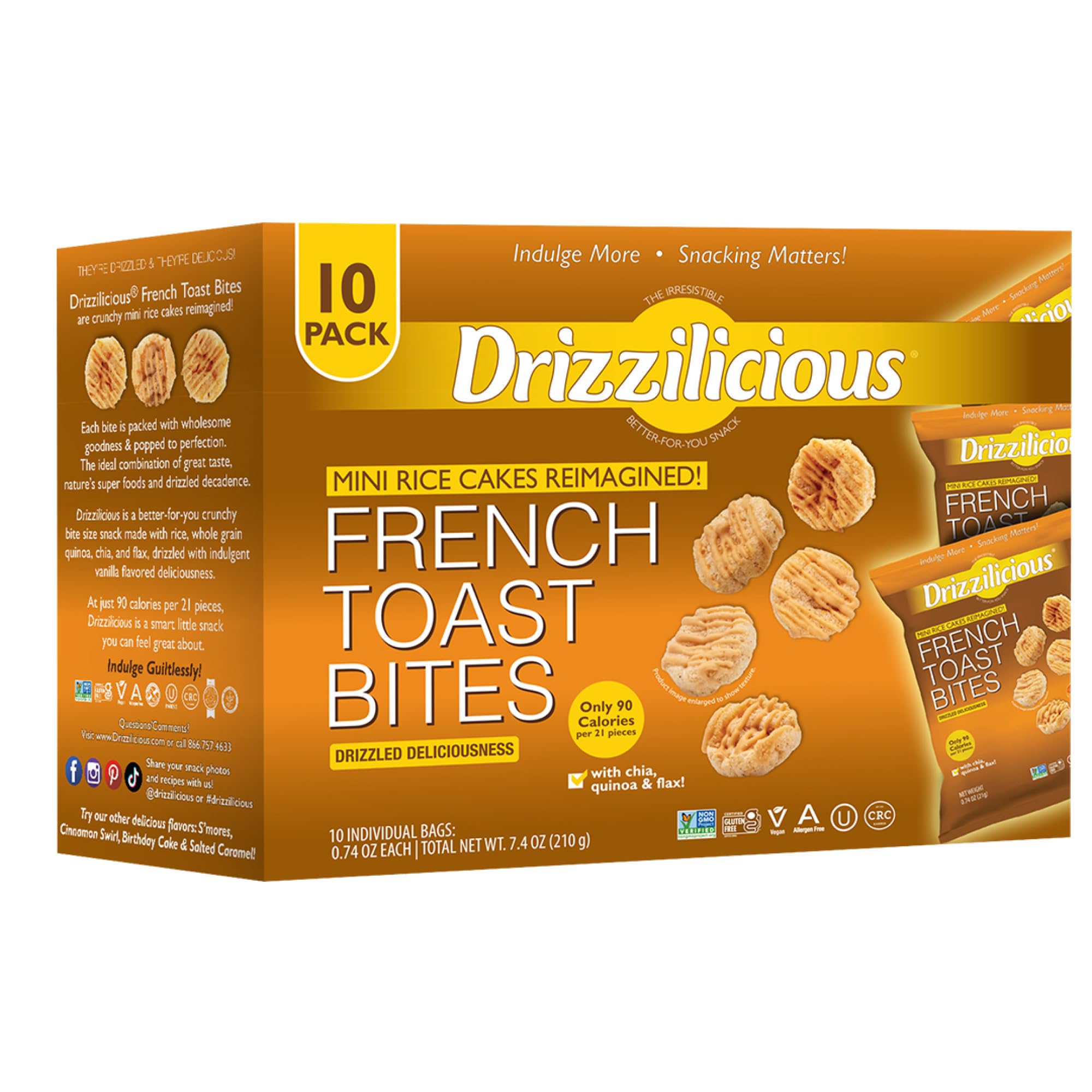 DrizziliciousMini Rice Cakes French Toast - Rice Crisps, Healthy Snack for Adults and Kids, Flavored Rice Cakes, Vegan, Gluten Free, Allergen Free, Only 90 Calories Per Bag - .74 oz (Pack of 10)
