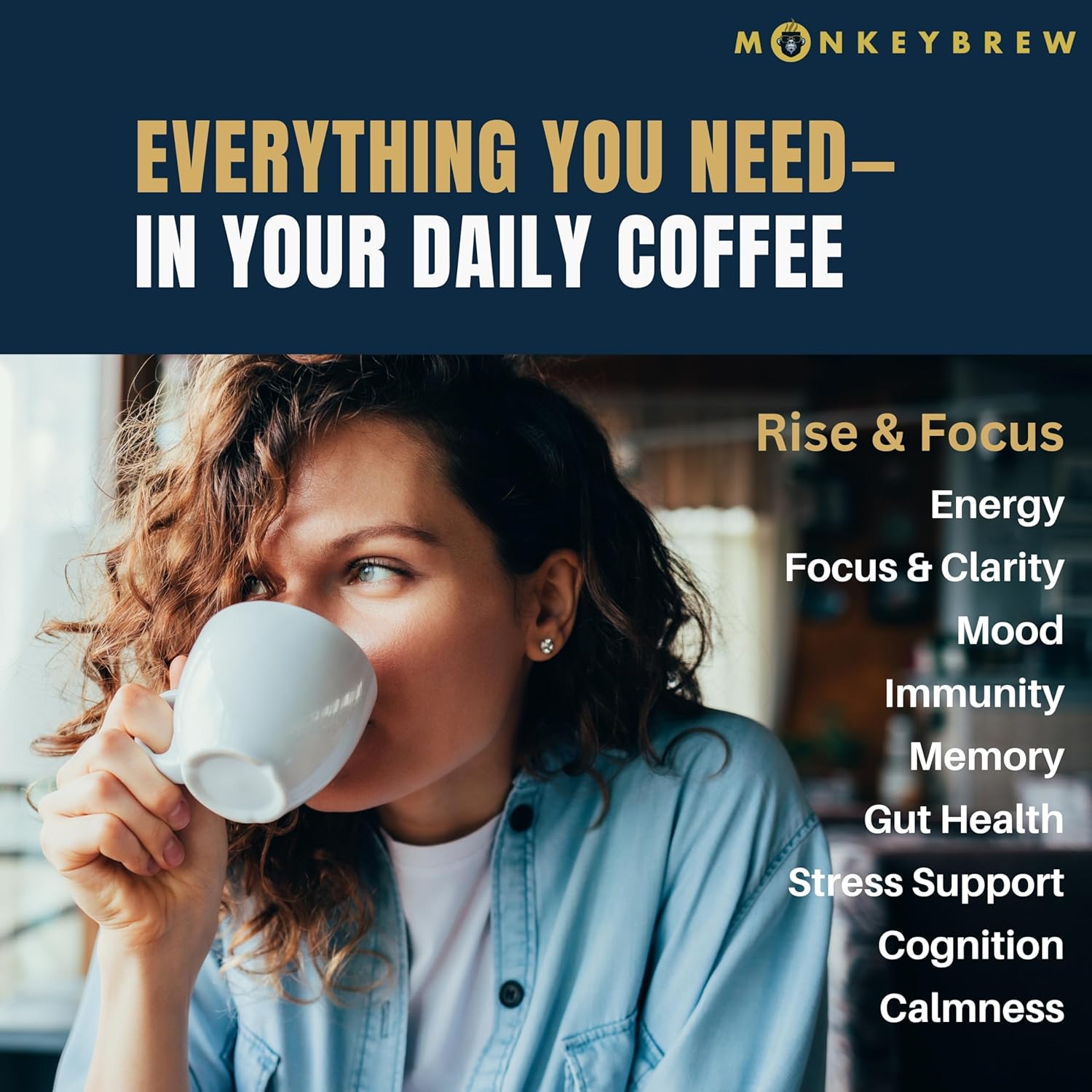 Monkey Brew Rise & Focus USDA Organic Mushroom Coffee | Boosts Focus, Energy, Immunity & Mood | 1,750mg Adaptogens: Lion’s Mane, Turkey Tail, KSM-66 Ashwagandha | Low Caffeine, Fruiting Body - Image 2