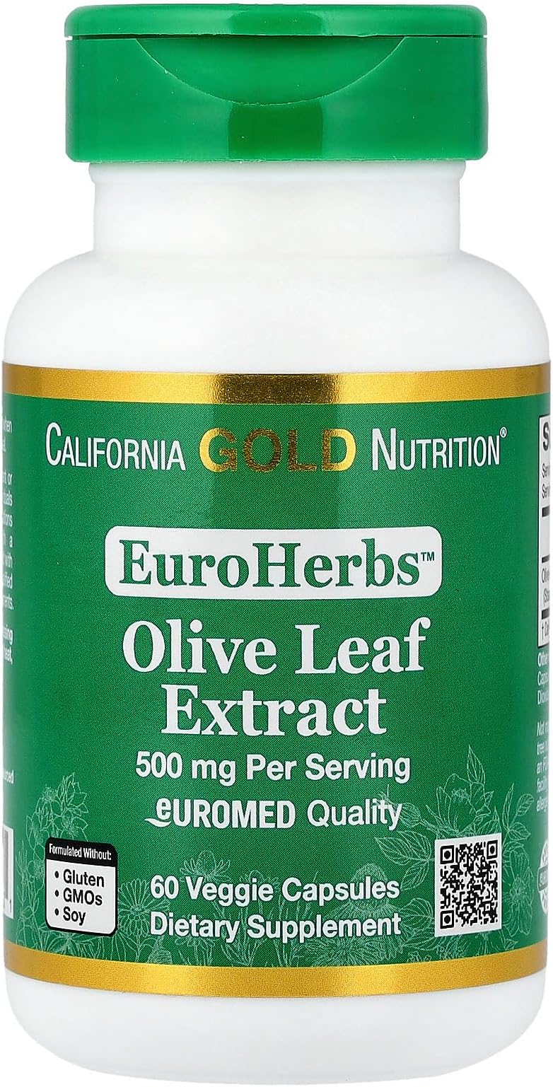California Gold Nutrition Olive Leaf Extract 500 mg, 18% Oleuropein, Processed in Spain, 3rd Party Tested European Quality, 60 Veggie Capsules, EuroHerbs