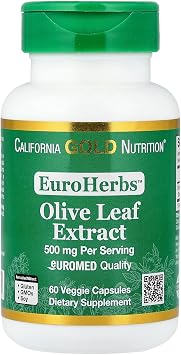 California Gold Nutrition Olive Leaf Extract 500 mg, 18% Oleuropein, Processed in Spain, 3rd Party Tested European Quality, 60 Veggie Capsules, EuroHerbs