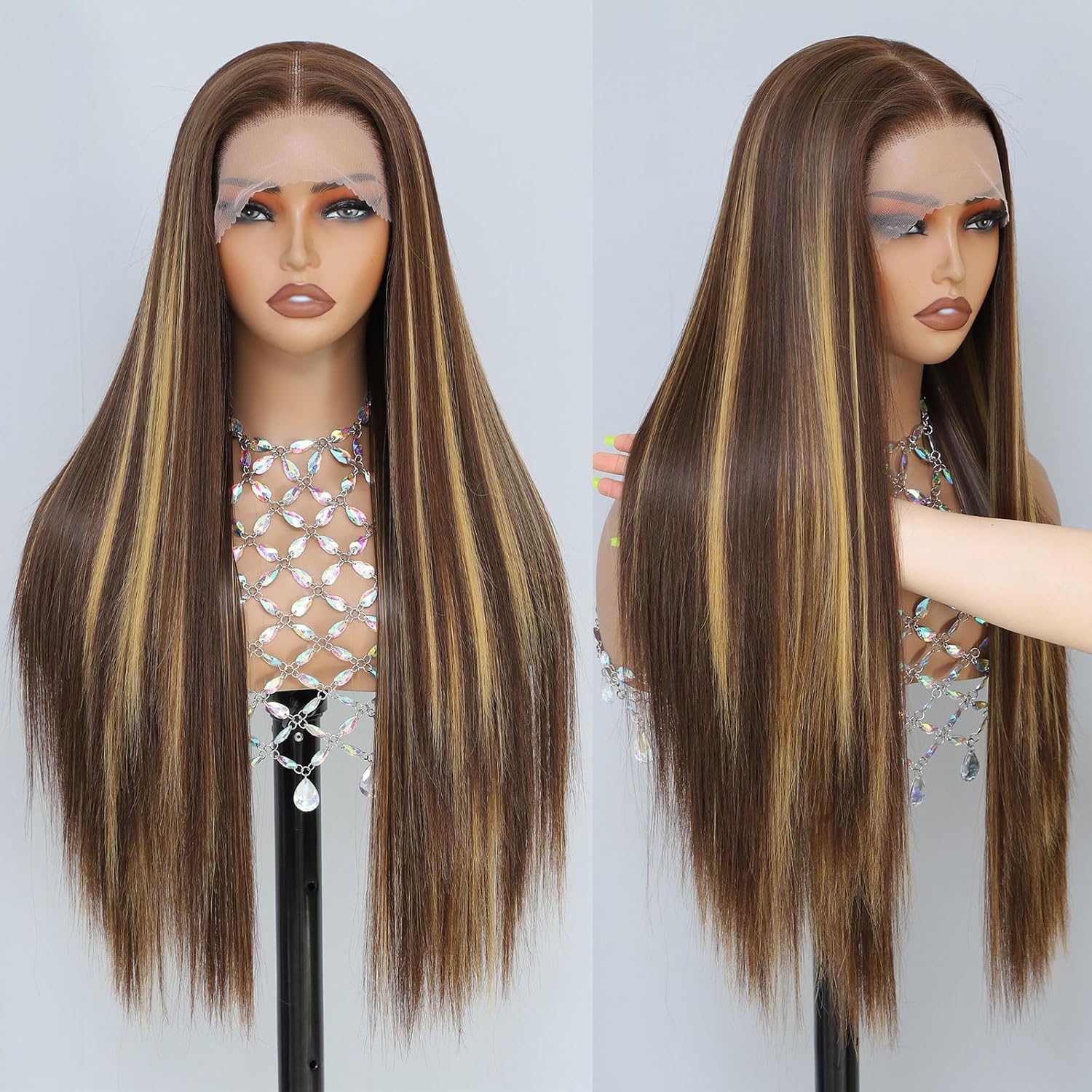 Synthetic Lace Front Wig, Honey Blonde Wig 13×6 Hd Lace Pre-Plucked Long Straight Highlights Glueless Wigs for Black Women 26 Inch Suitable for Everyday Wear Synthetic Lace Front Wig, Honey Blonde Wig 13×6 Hd Lace Pre-Plucked Long Straight Highlights Glueless Wigs for Black Women 26 Inch Suitable for Everyday Wear