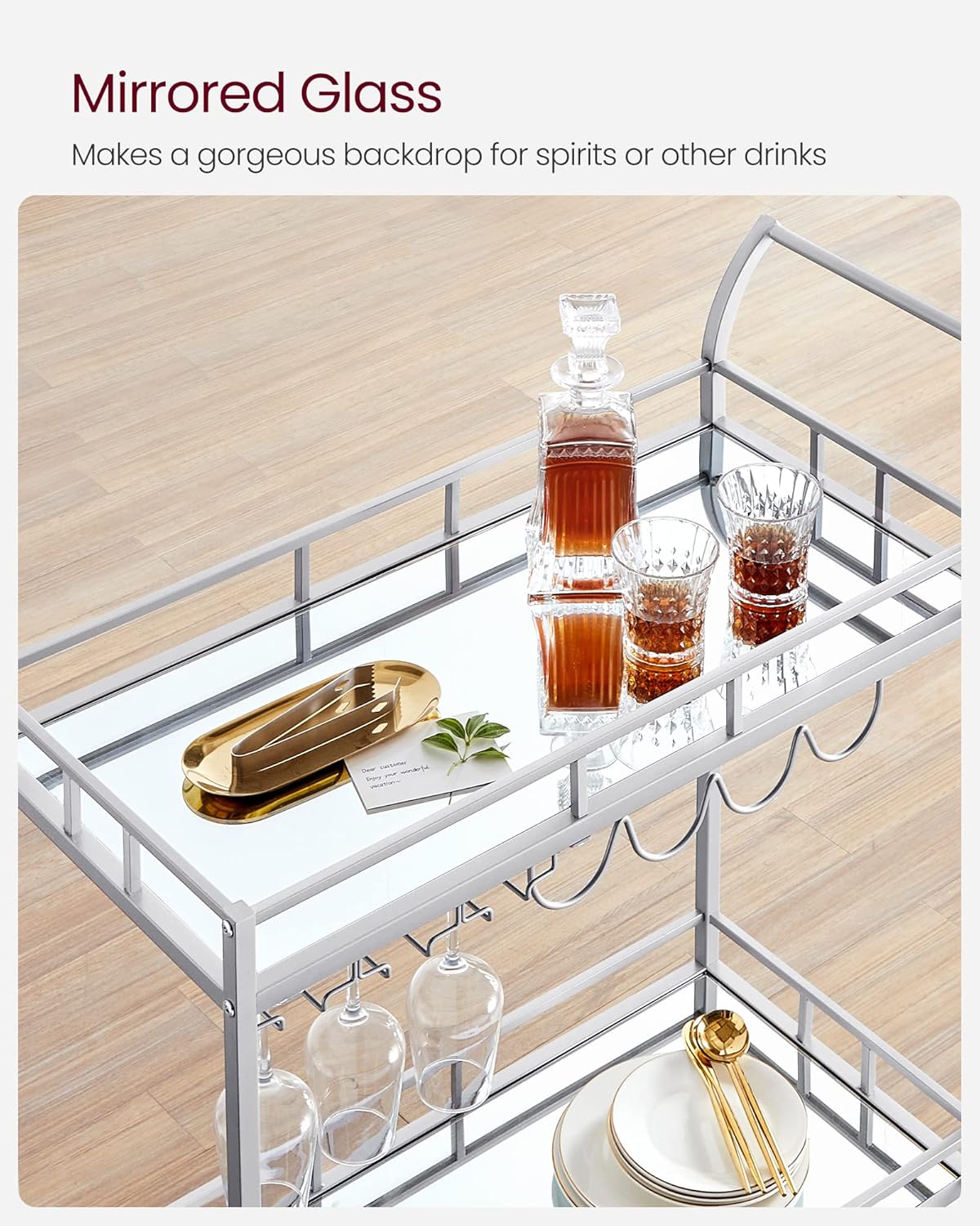 VASAGLE Bar Cart Gold, Home Bar Serving Cart, Wine Cart with 2 Mirrored Shelves, Wine Holders, Glass Holders, for Kitchen, Dining Room, Gold ULRC090A03 - Bar & Serving Carts
