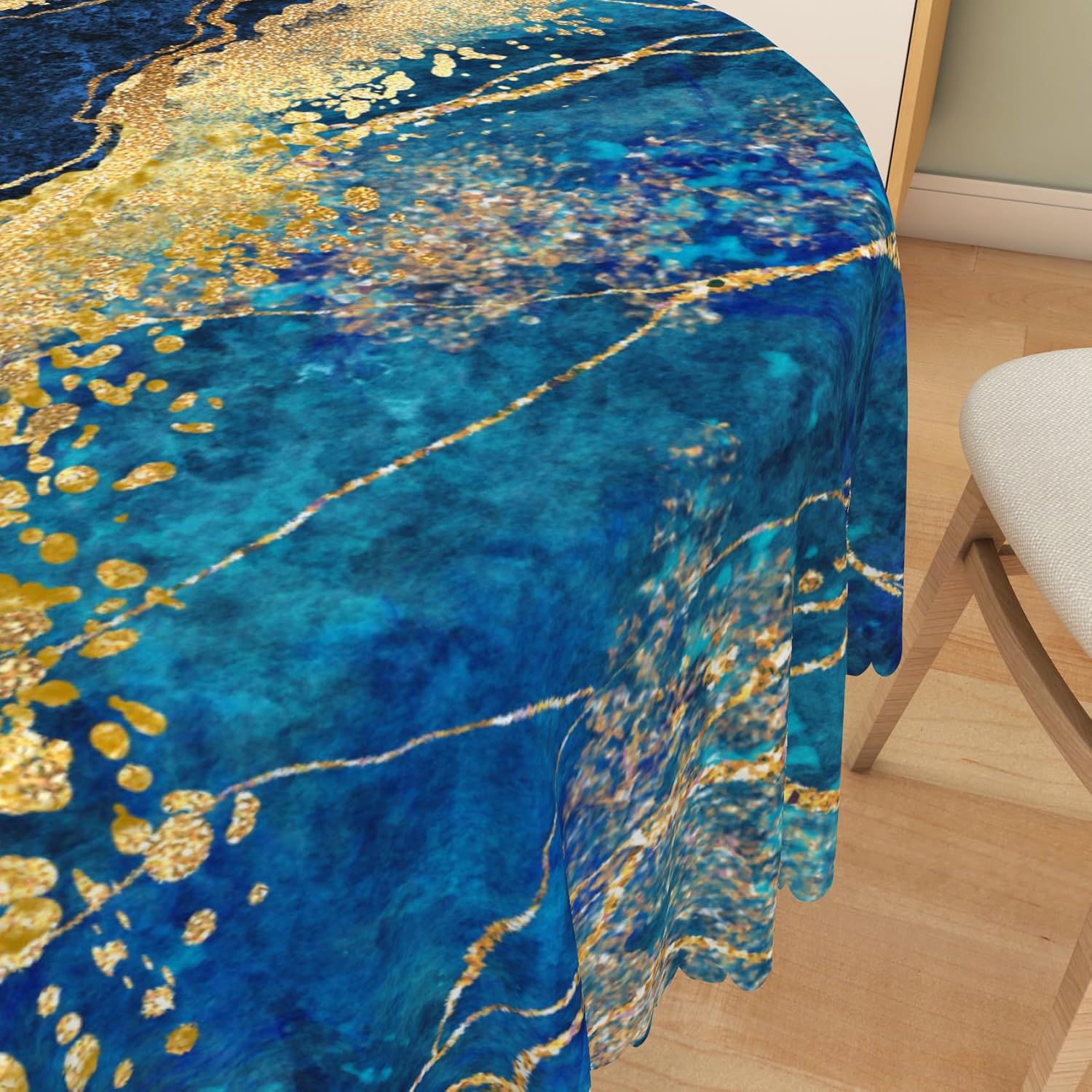 Blue Marble Round Tablecloth 70 Inch Royal Blue Marbling Golden Liquid Fabric Table Cloth Polyester Anti-Wrinkle Reusable Natural Luxury Table Cover for Kitchen Dining Theme Party Patio Decor