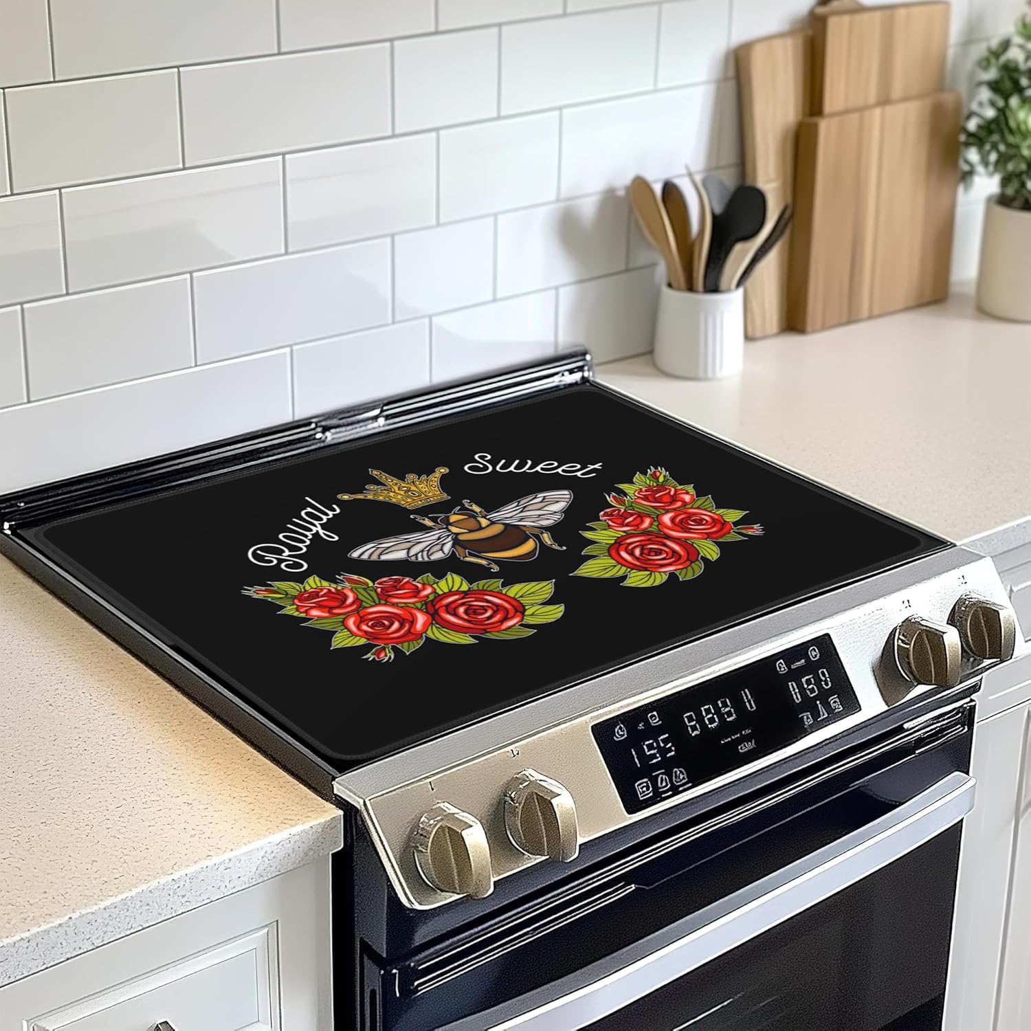 Pink Tulip Flowers Text Electric Stove Top Cover Protector,Glass Flat Top Stove Mat,Heat-Resistant Oven Induction Cooktop Mat for Ceramic Countertop Mats Dish Drying Mat