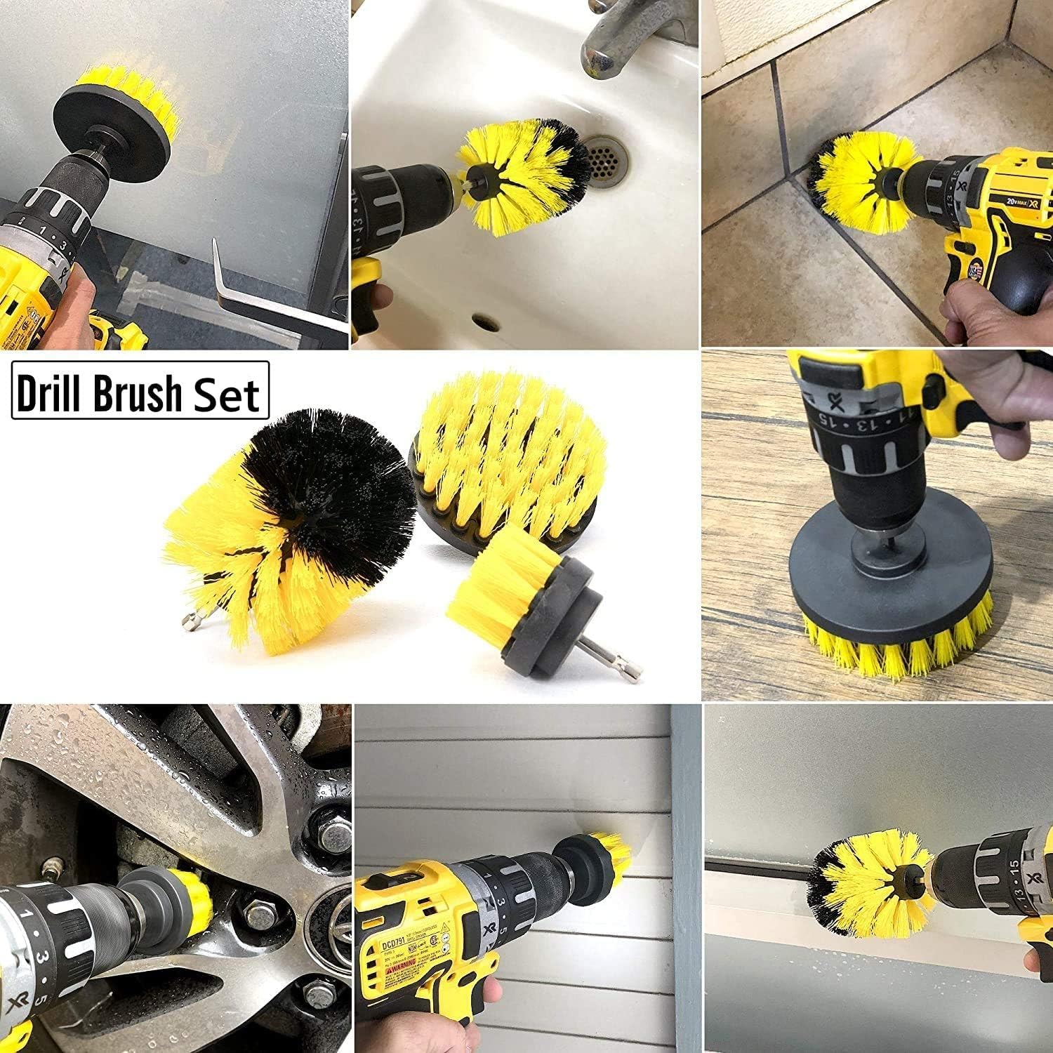 Drill Power Cleaning Brush Set of 4, Power Scrubber Brushes with Extended Attachment, All Purpose for Floor, Tub, Shower, Tile, Bathroom and Kitchen Surface, Yellow