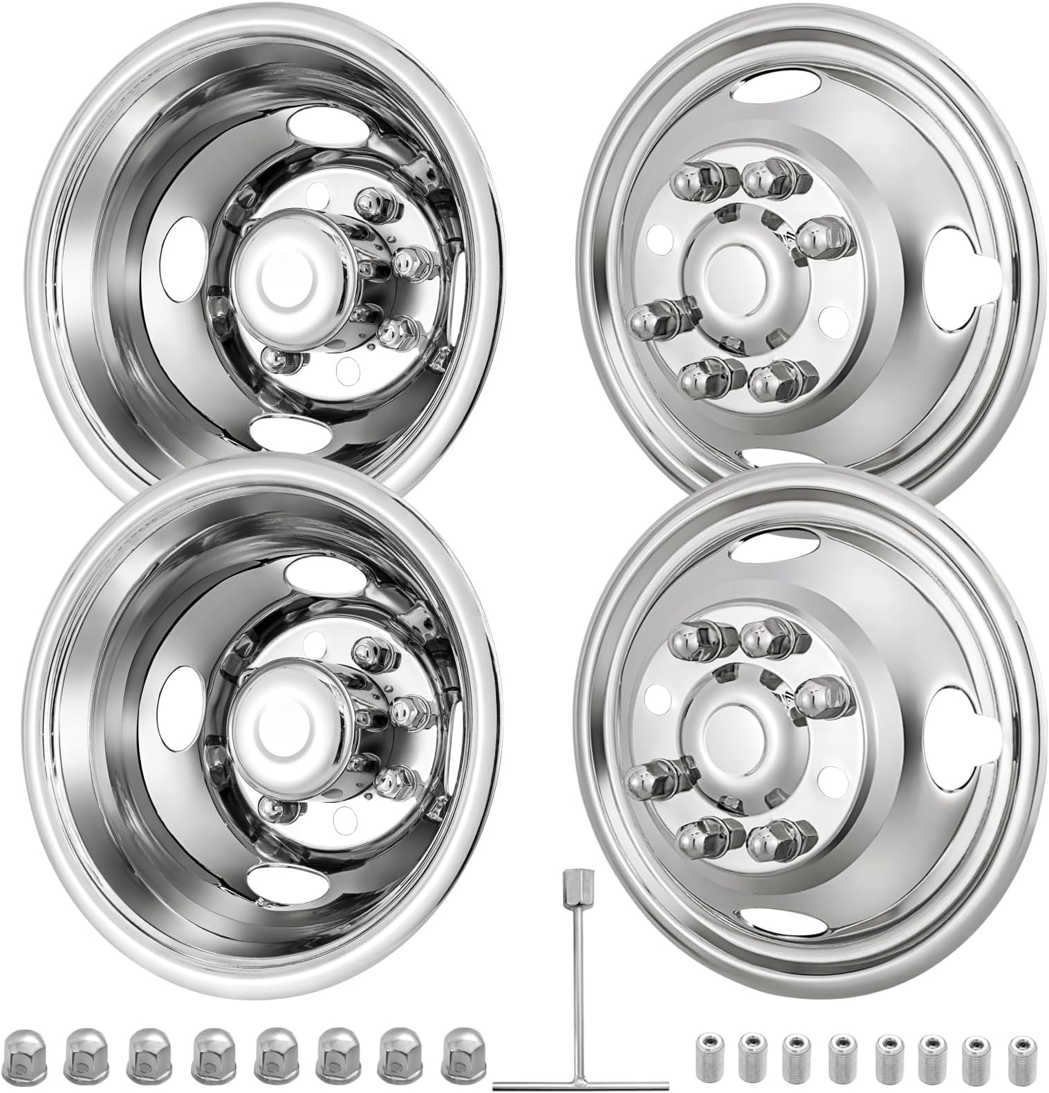 CIRONBOW 16" 8 Lug Wheel Simulators,Stainless Steel,with Bolt Kit Fit for Pick-up Trucks Vans RV Hub Caps Rim Skin Chrome Cover Parts ;E350/E450 1992-2016/2018-2021(2017 not Fit)