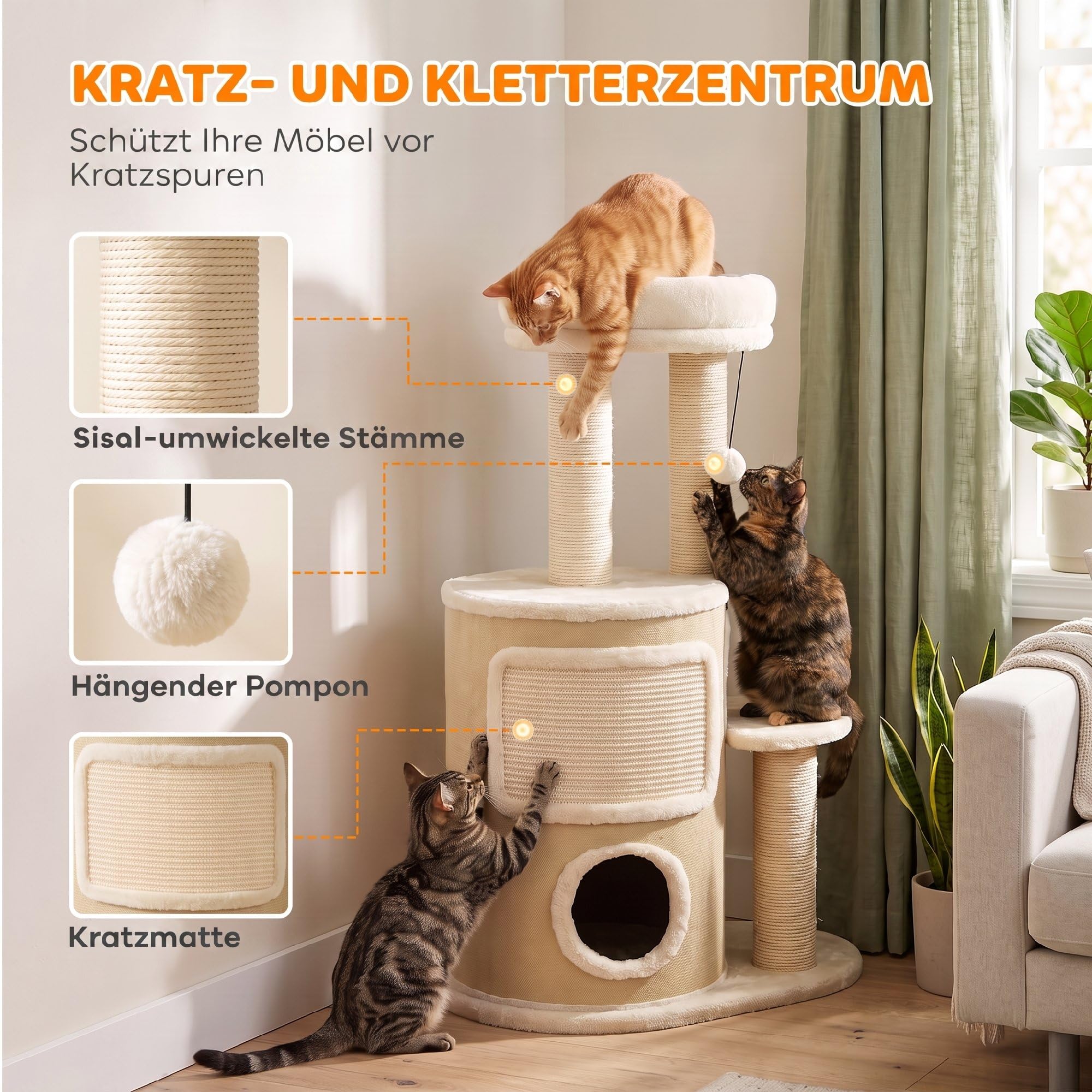 PawHut Kratzbaum mit 2-stöckiger Kratztonne für Katzen unter 5kg Beige