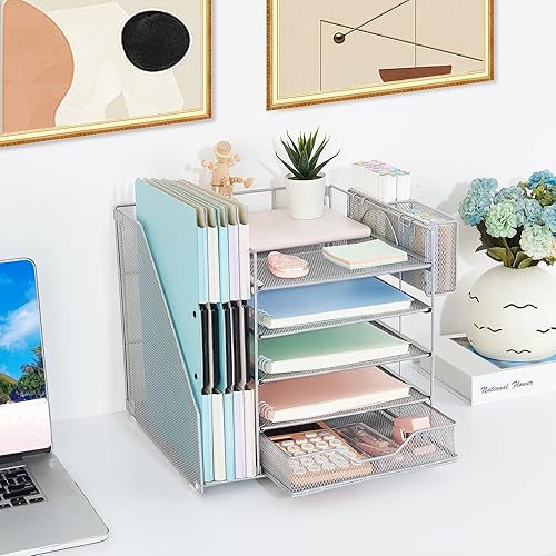 Miniatura 6 de gianotter Bandeja organizadora de papel de 5 niveles con soporte para archivos, organizador de escritorio con cajón y soporte para bolígrafos,