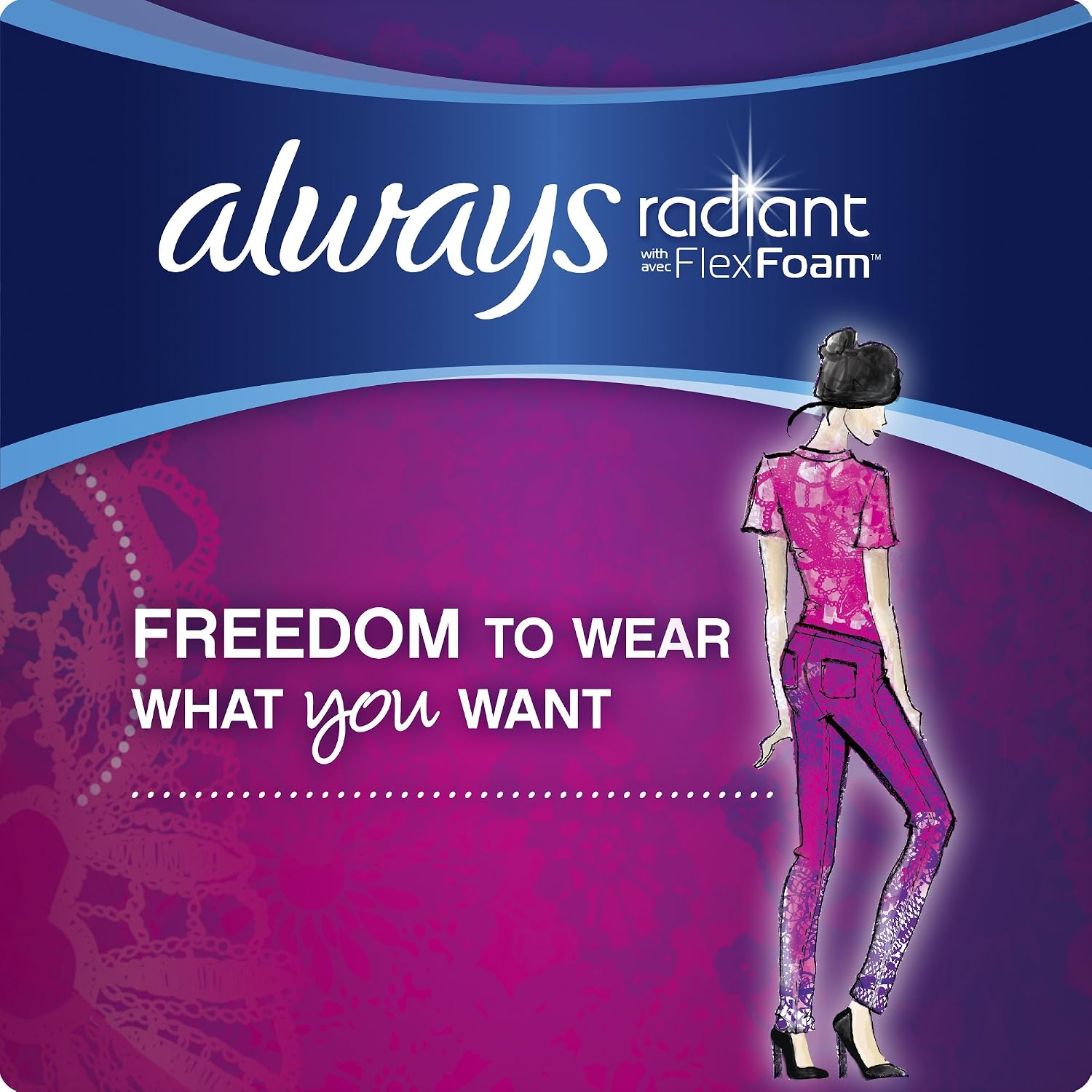 Always Radiant Infinity Feminine Pads with Wings, Regular Absorbency, Scented, 32 Count