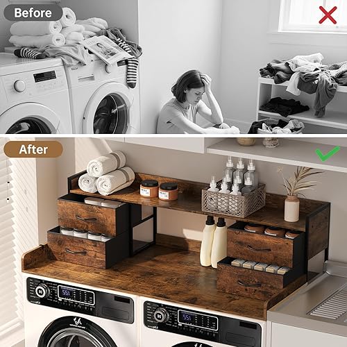 Miniatura 6 de Encimera de lavadora y secadora con 4 cajones y estante, 27.5 pulgadas de profundidad x 54 pulgadas de ancho, cubierta de lavandería con barandillas